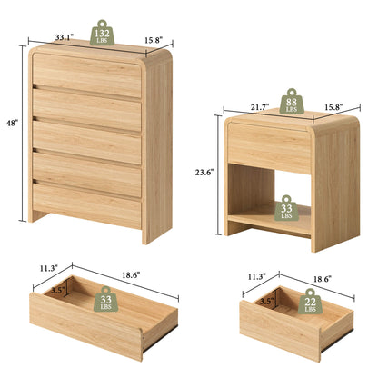 Garyon Modern Bedroom Furniture Set -5+2LightOak