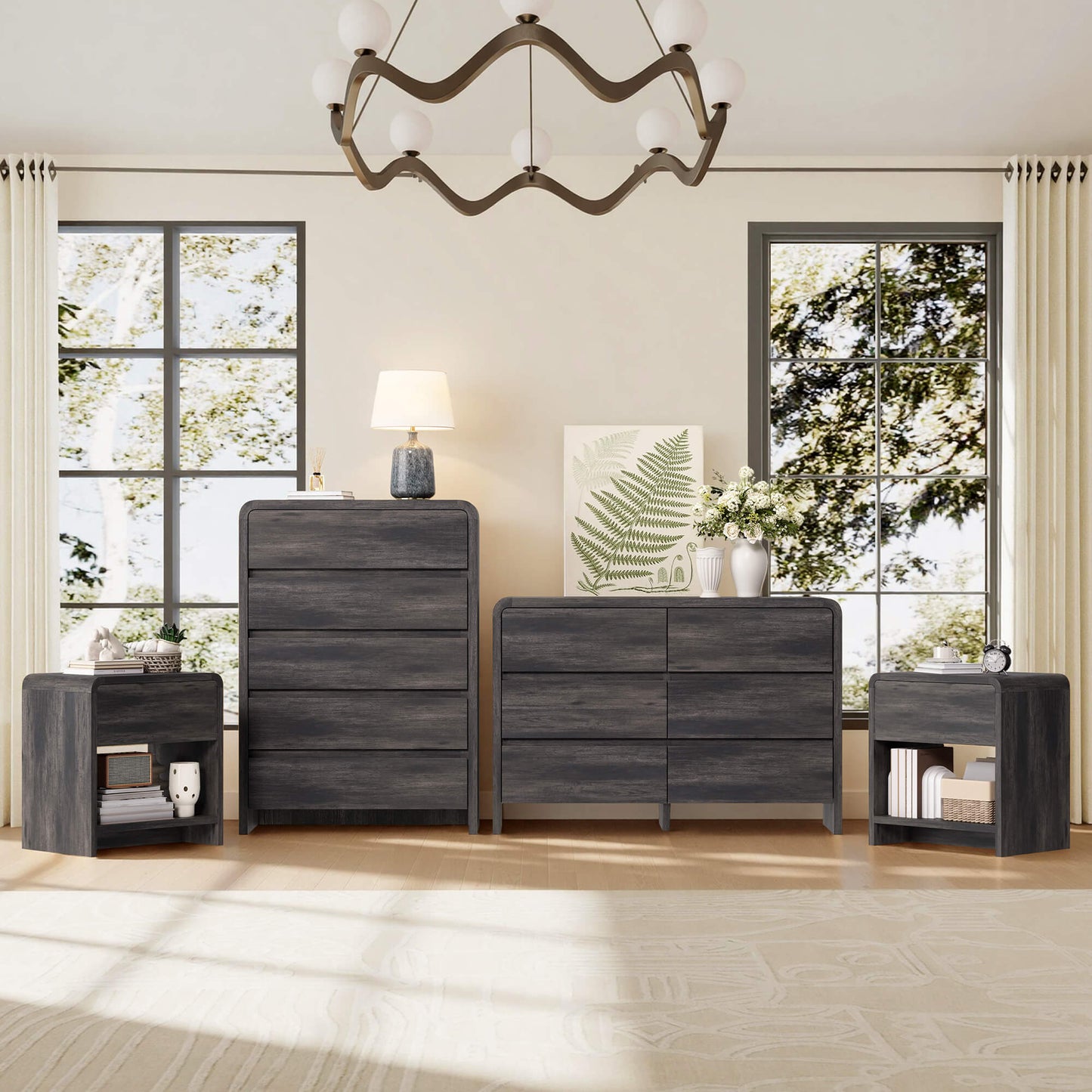 Garyon Modern Bedroom Furniture Set -5+6+2Black