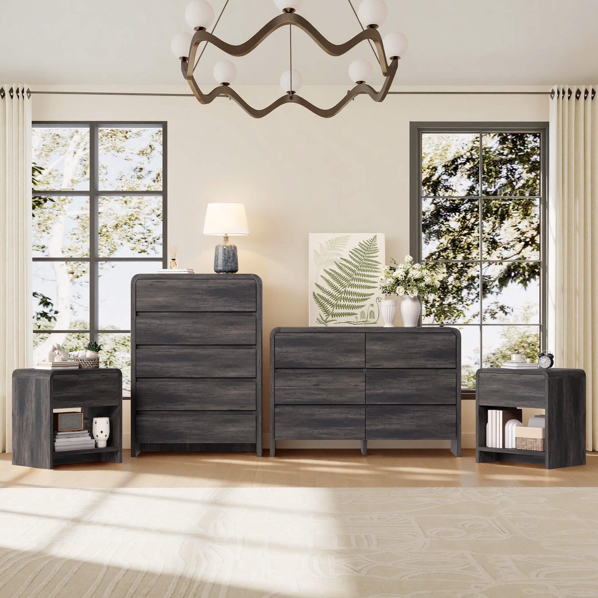 Garyon Modern Bedroom Furniture Set -5+6+2Black