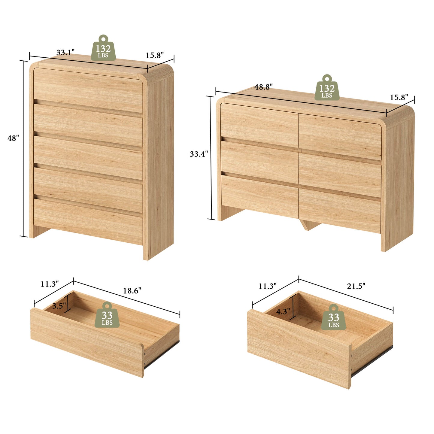 Garyon Modern Bedroom Furniture Set -5+6+2LightOak