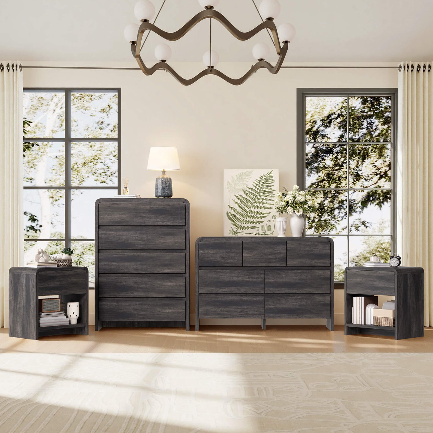 Garyon Modern Bedroom Furniture Set -5+7+2Black