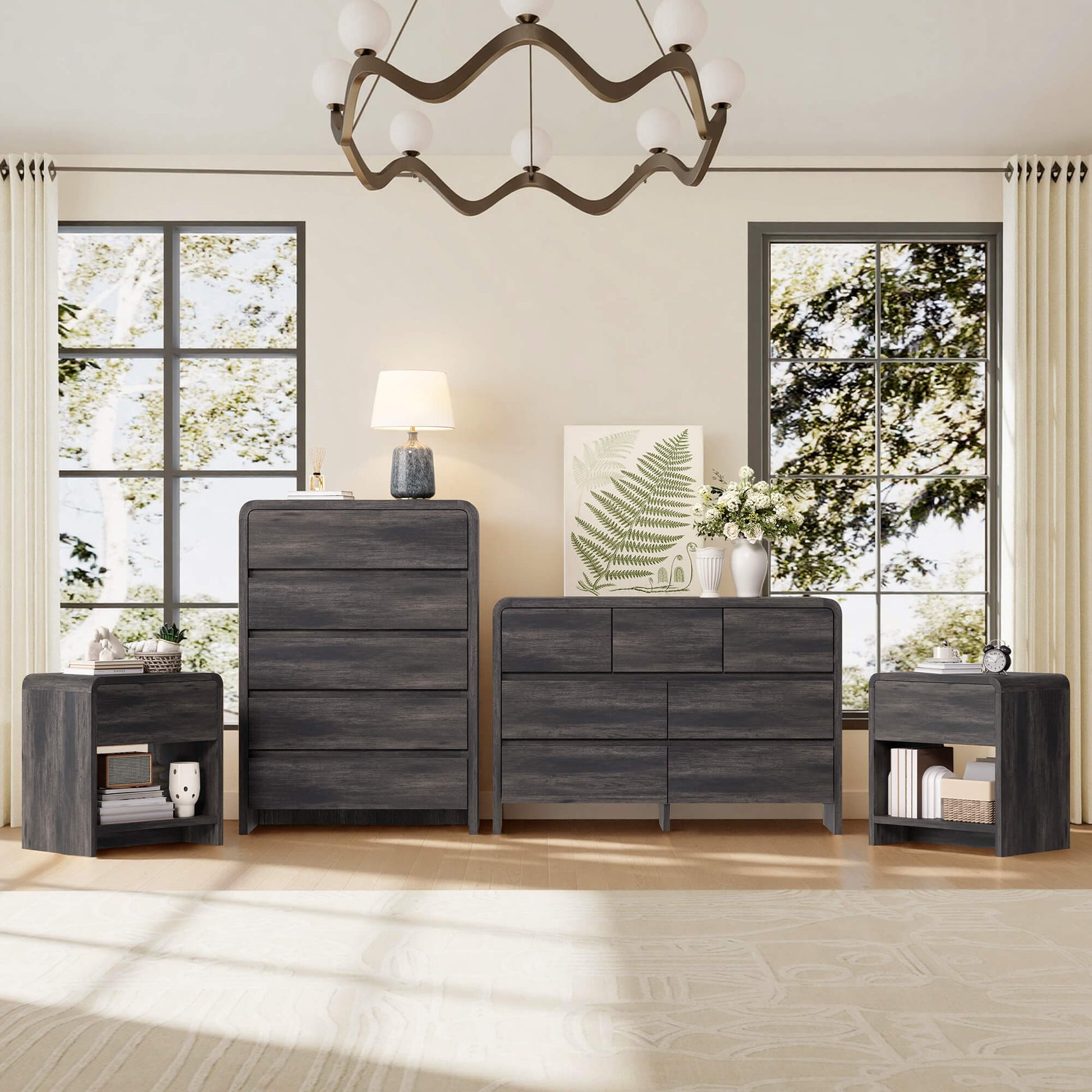 Garyon Modern Bedroom Furniture Set -5+7+2Black