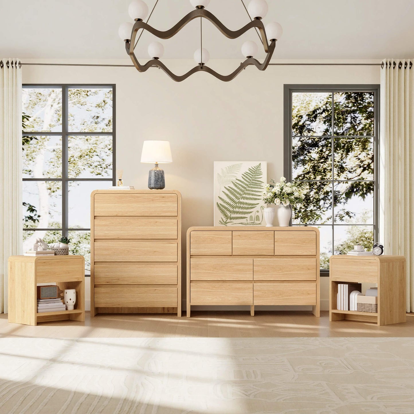 Garyon Modern Bedroom Furniture Set -5+7+2LightOak