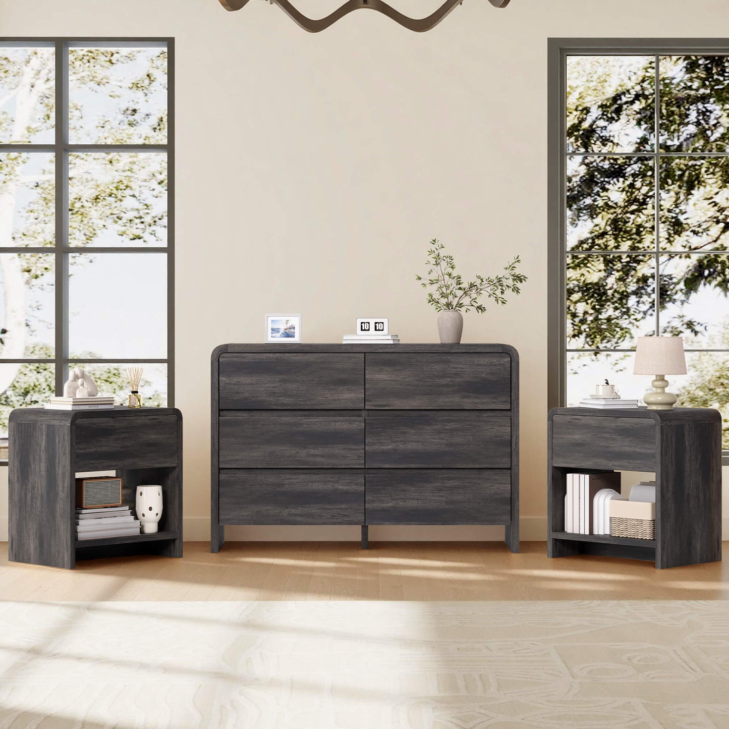 Garyon Modern Bedroom Furniture Set -6+2Black