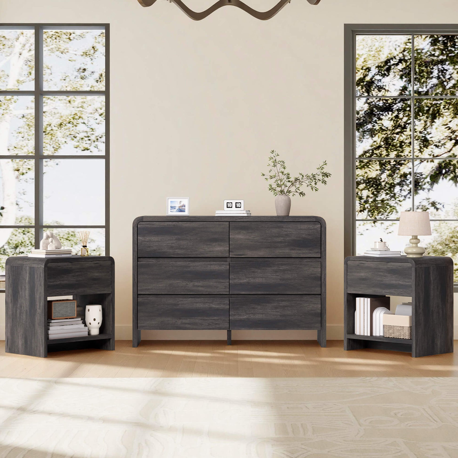 Garyon Modern Bedroom Furniture Set -6+2Black