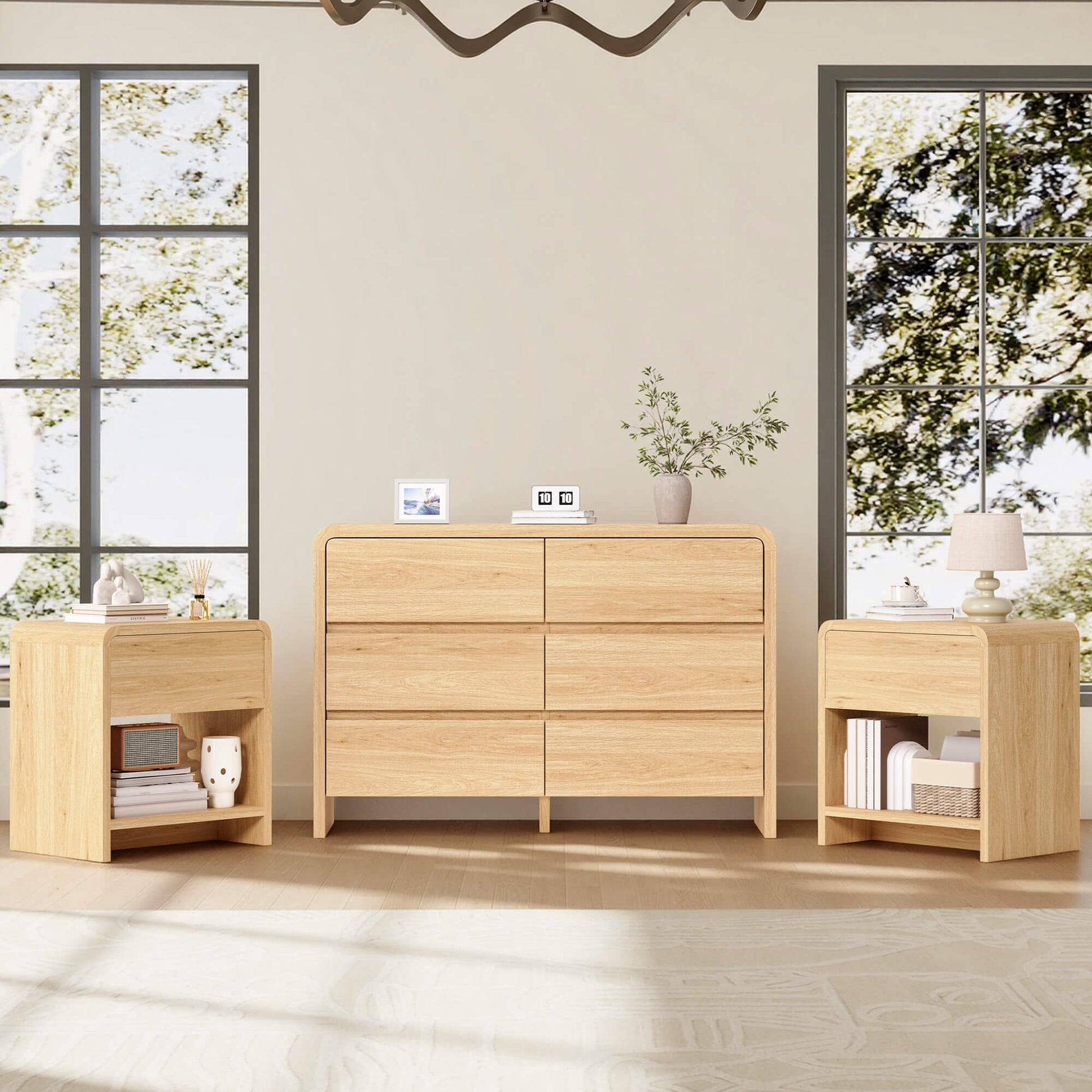 Garyon Modern Bedroom Furniture Set -6+2LightOak