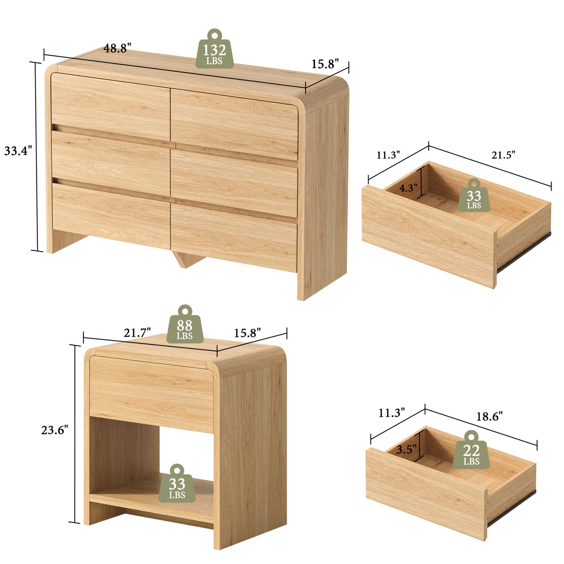 Garyon Modern Bedroom Furniture Set -6+2LightOak