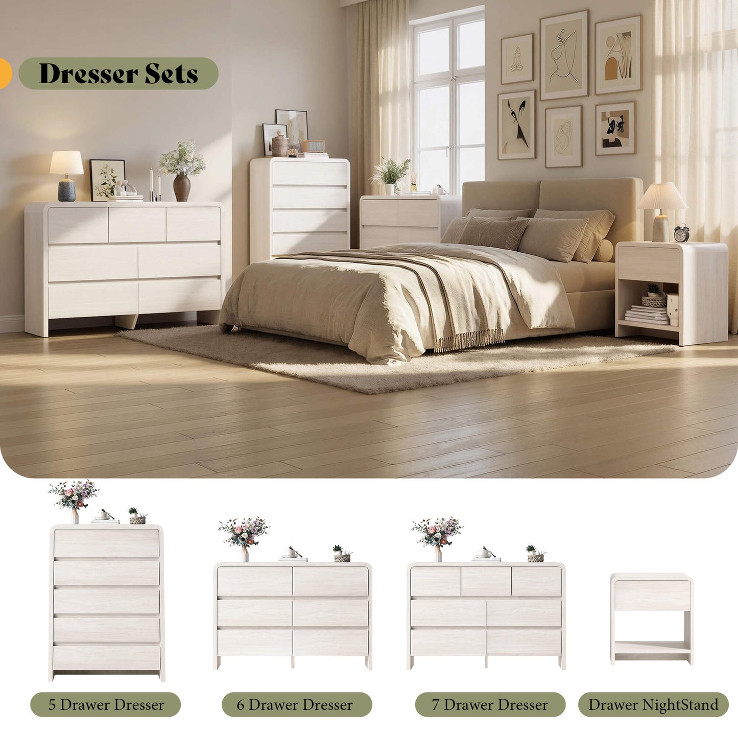 Garyon Modern Bedroom Furniture Set -6+2White