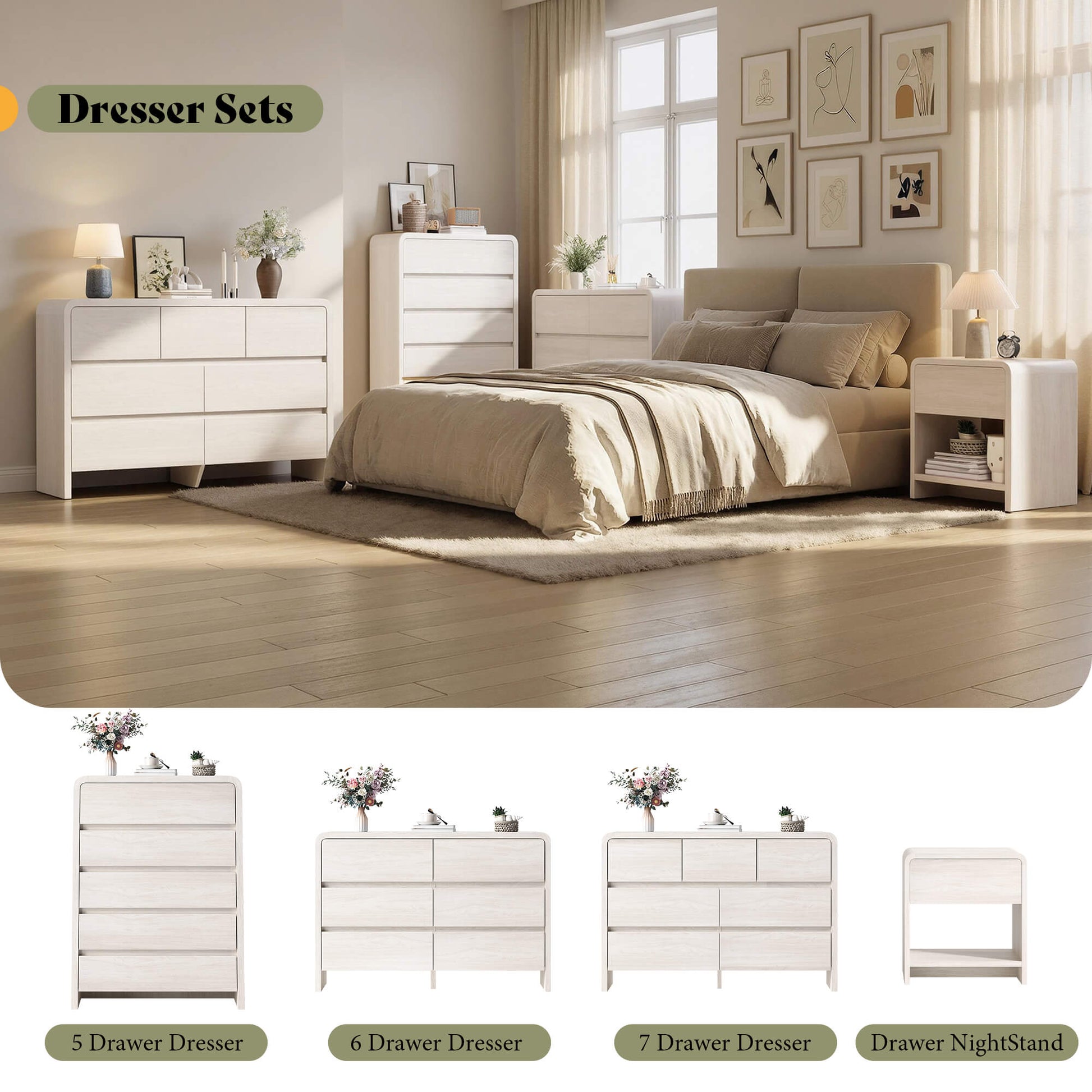 Garyon Modern Bedroom Furniture Set -6+2White