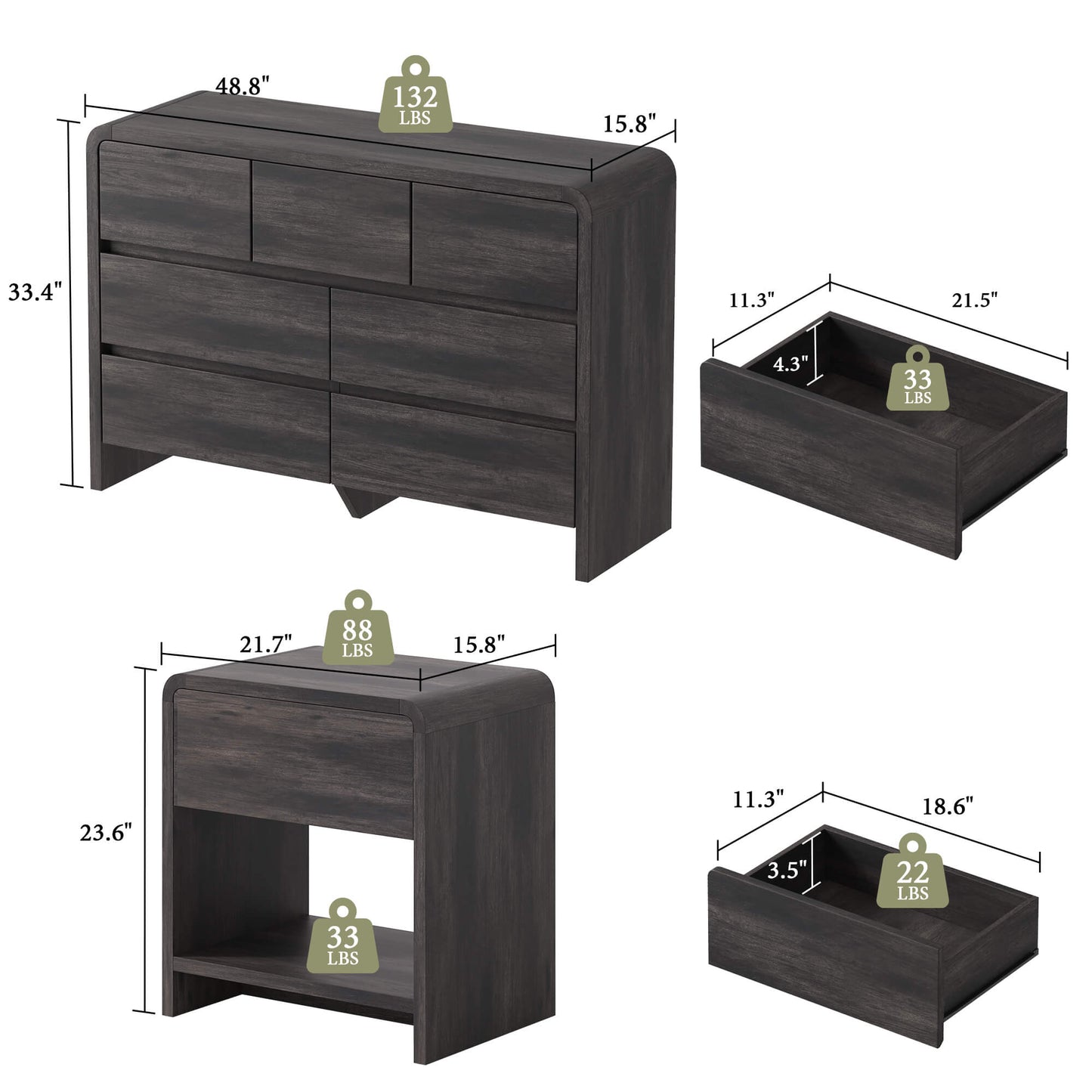 Garyon Modern Bedroom Furniture Set -7+2Black
