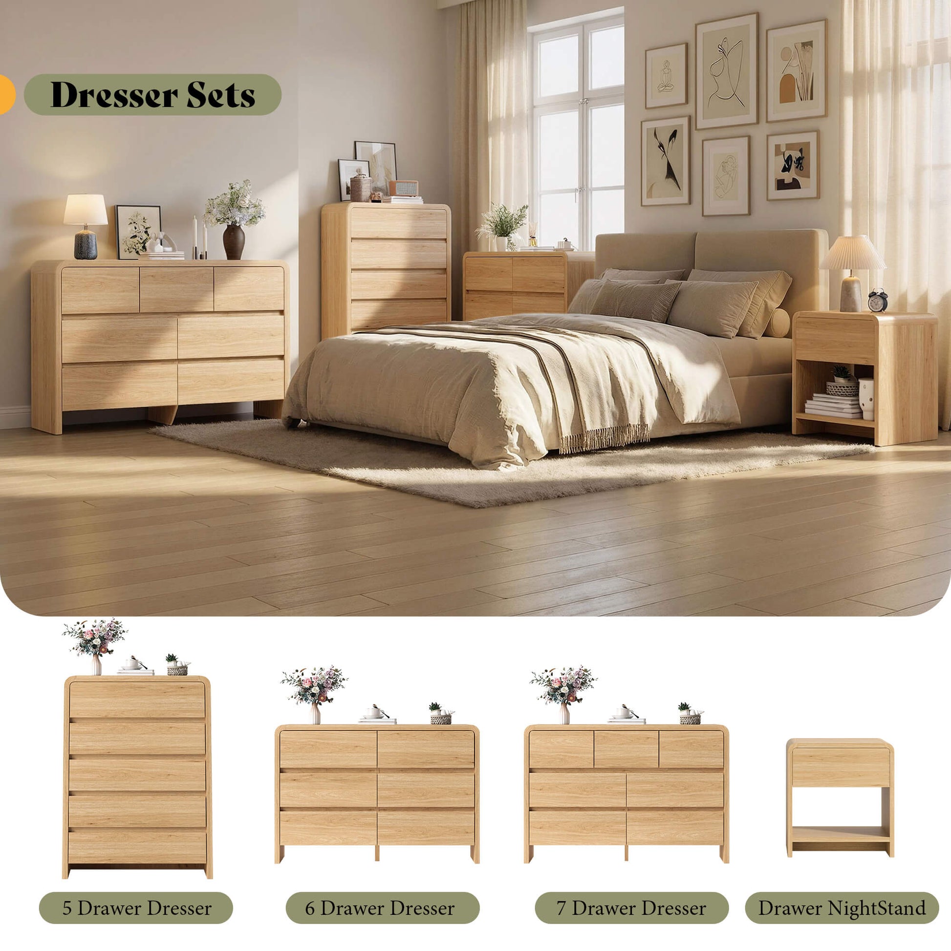 Garyon Modern Bedroom Furniture Set -7+2LightOak