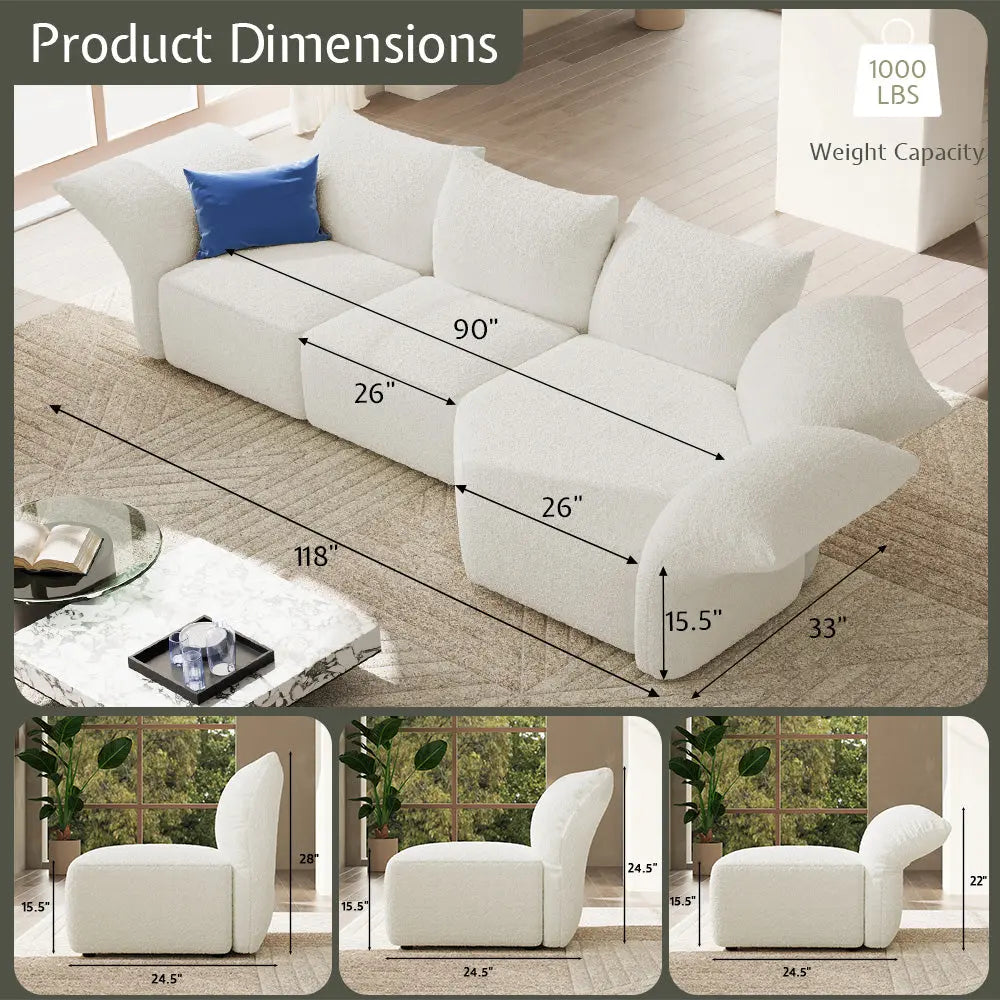 AMERLIFE Brakt Sectional Sofa 118 inch Adjustable Backrest Modern Comfy Couches Boucle Grey