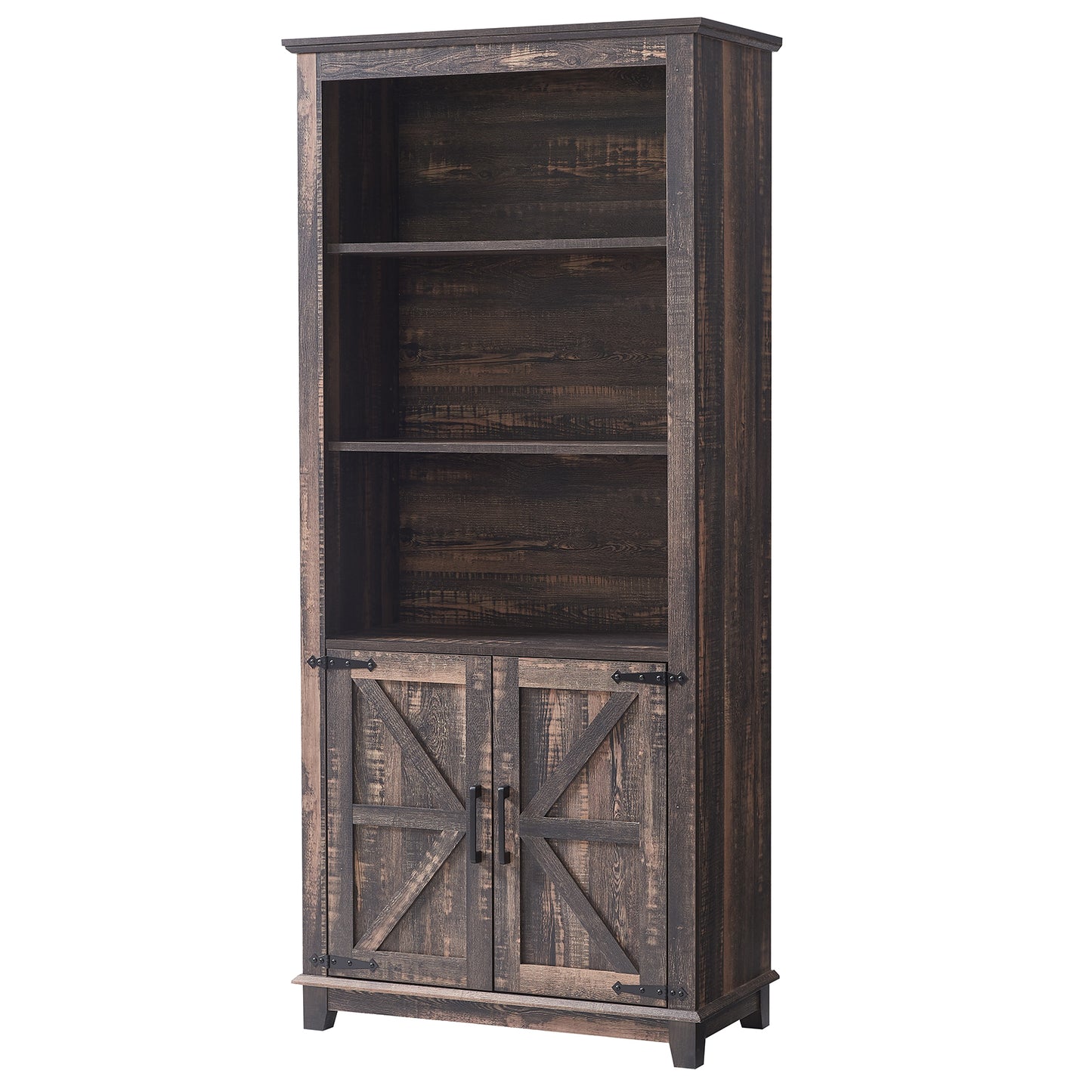 Bret Farmhouse Bookcase Storage Cabinet Rustic Oak Black