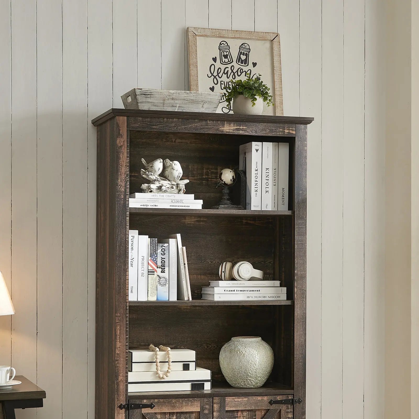 AMERLIFE Bret Farmhouse Bookcase with Doors 5 Shelf Bookshelf Storage Cabinet with Adjustable Shelves Barn Door Single Rustic Oak Black