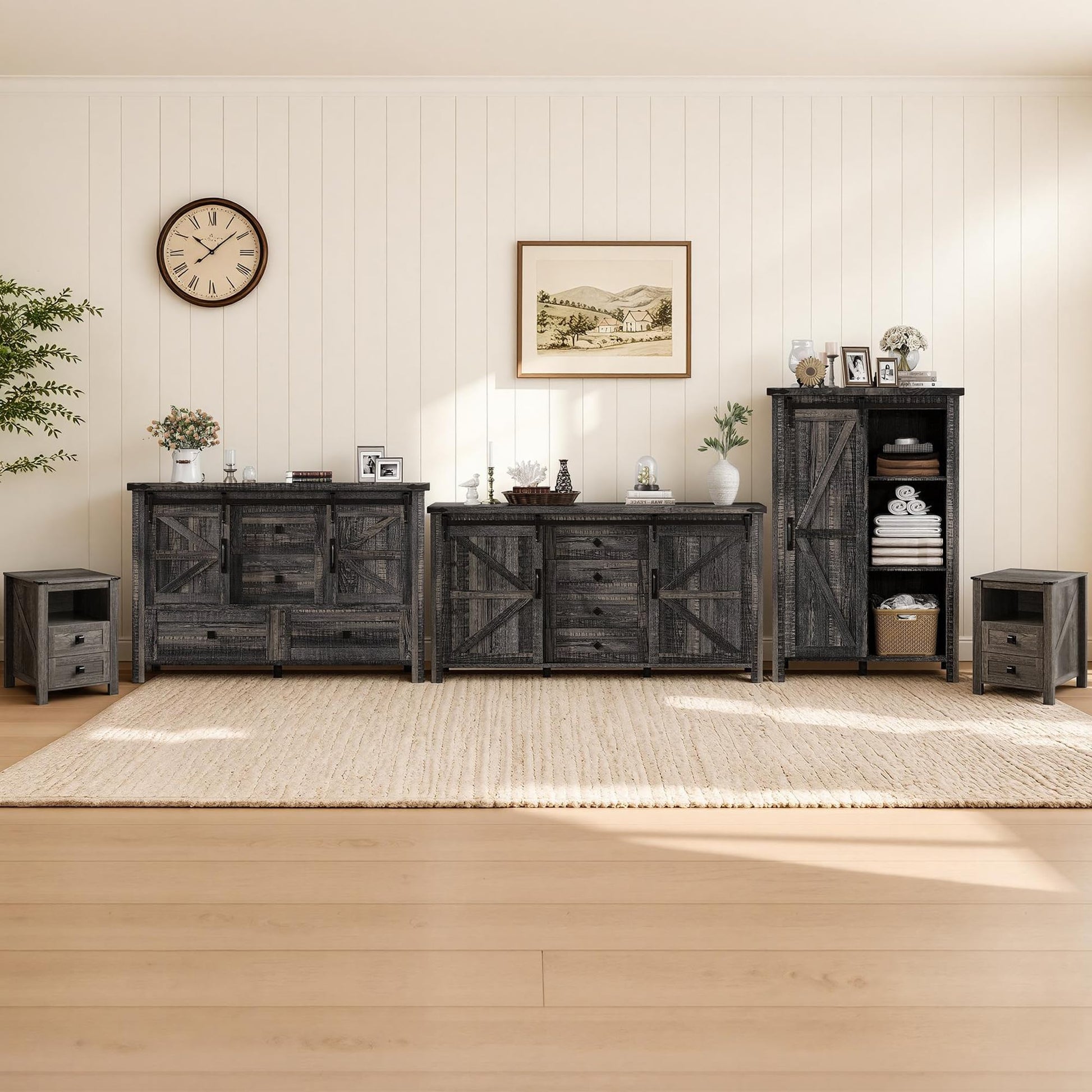 Farmhouse Bedroom Set with Storage Amerlife Black Oak