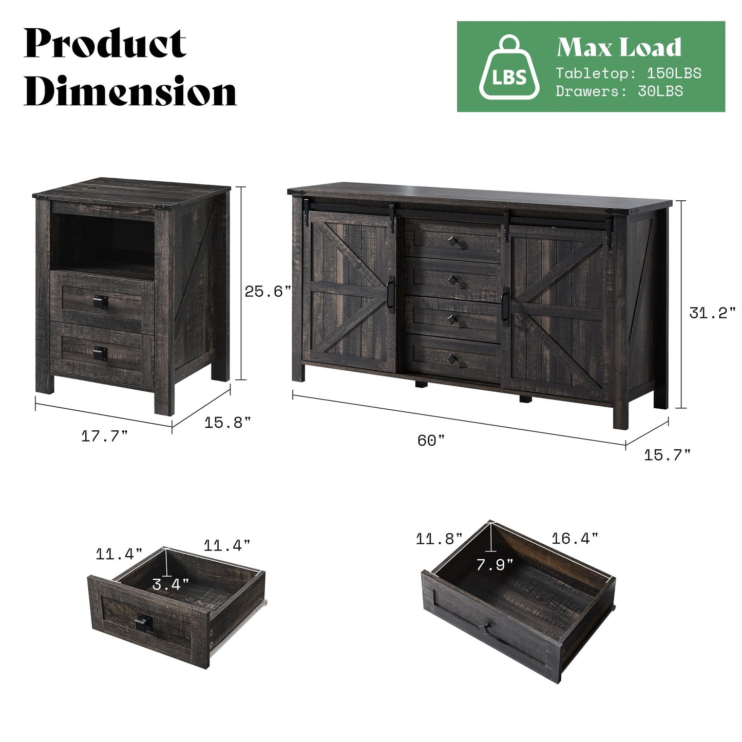 Farmhouse Bedroom Set with Storage Amerlife Black Oak