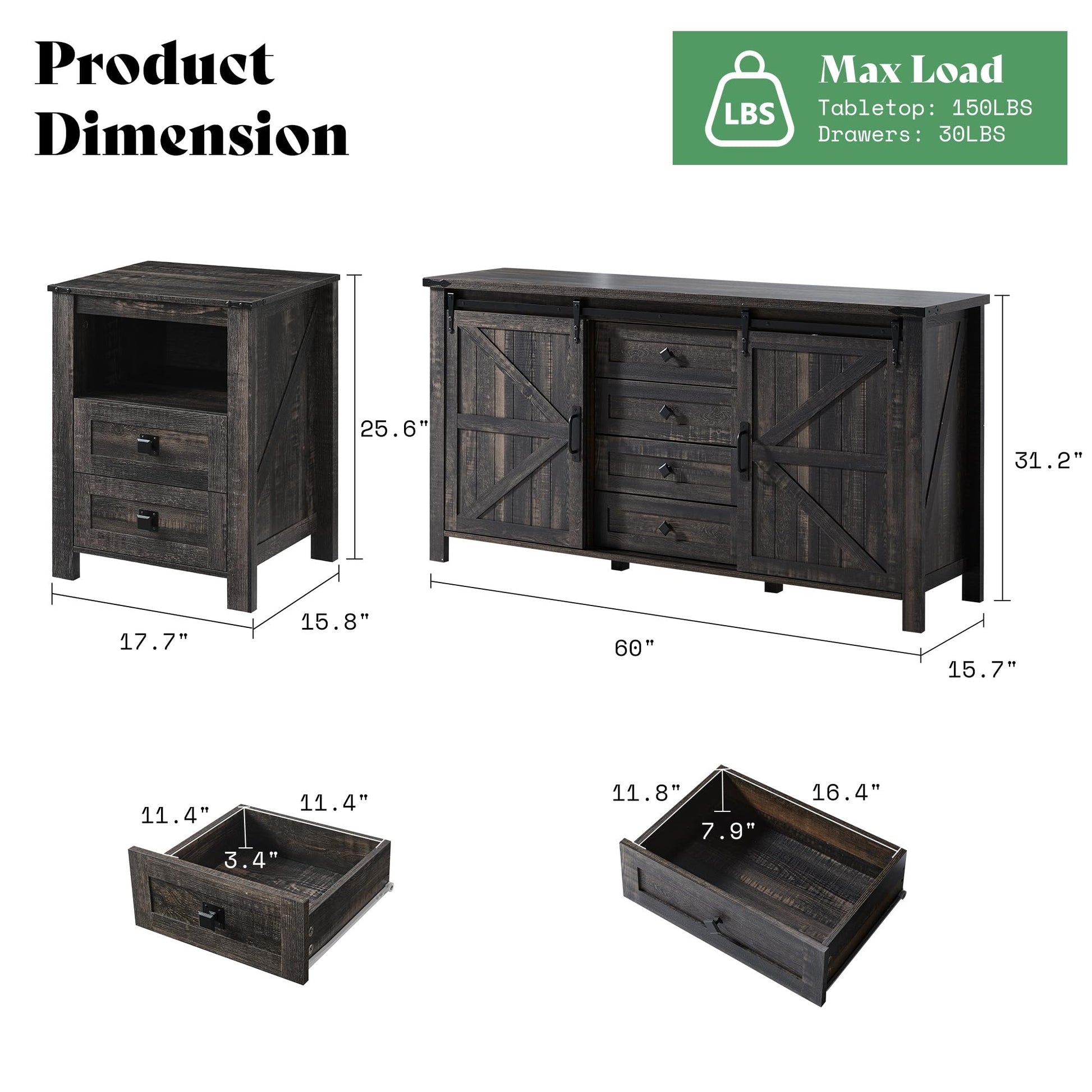 Farmhouse Bedroom Set with Storage Amerlife Black Oak