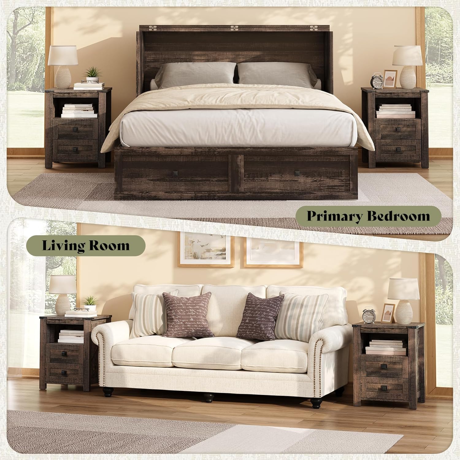 Farmhouse Bedroom Set with Storage Amerlife Black Oak