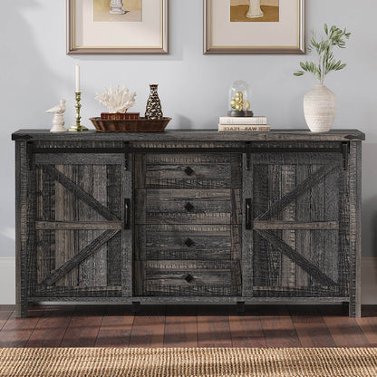 60" Farmhouse Dresser with Sliding Barn Doors, Rustic Dresser TV Stand with 4 Drawers, Dresser Storage Organizer for Bedroom, Entryway, Oak Black 60" Farmhouse Dresser with Sliding Barn Doors, Rustic Dresser TV Stand with 4 Drawers, Dresser Storage Organizer for Bedroom, Entryway, Oak Black