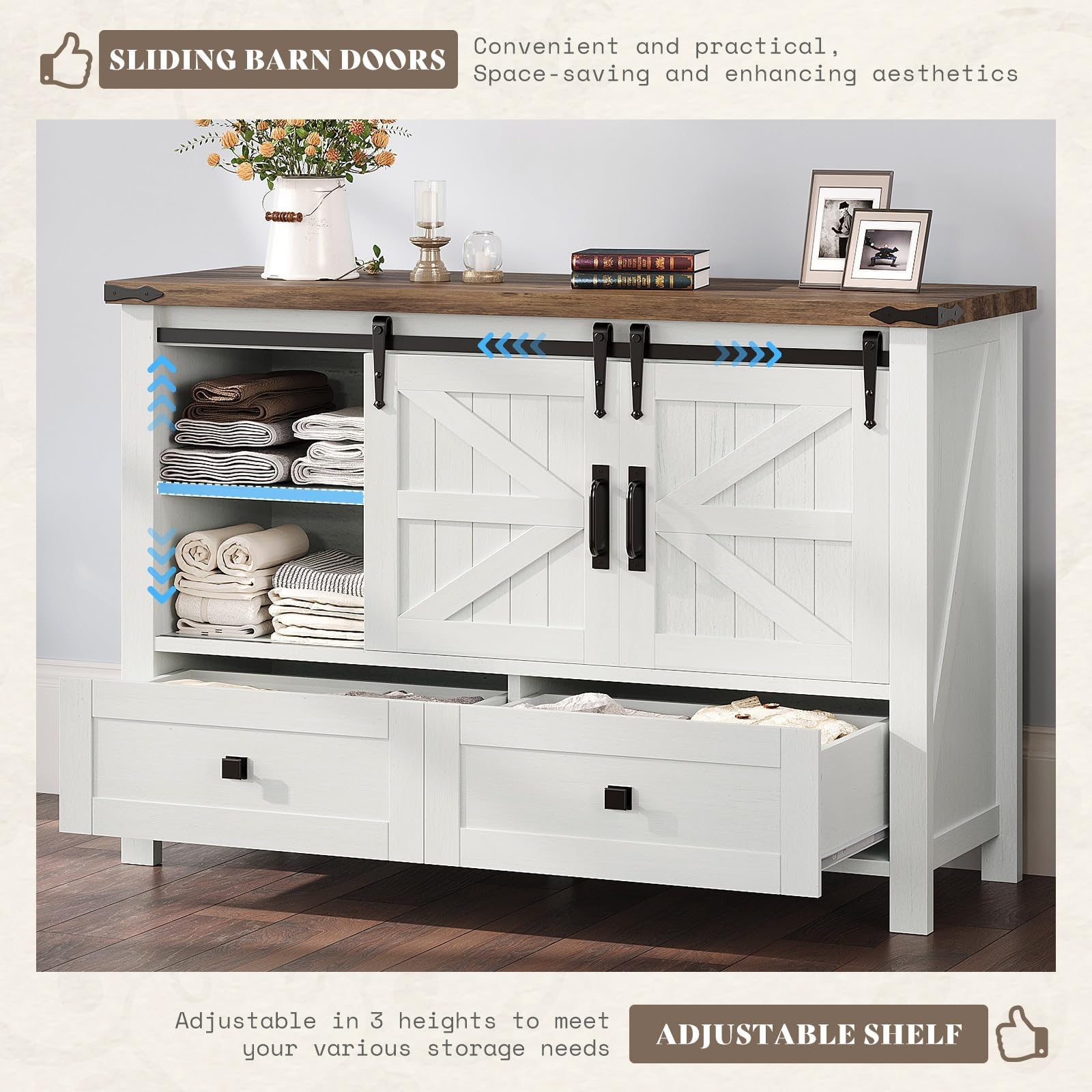 AMERLIFE Marlowe Farmhouse Dresser Set Barn Door Storage Black Oak
