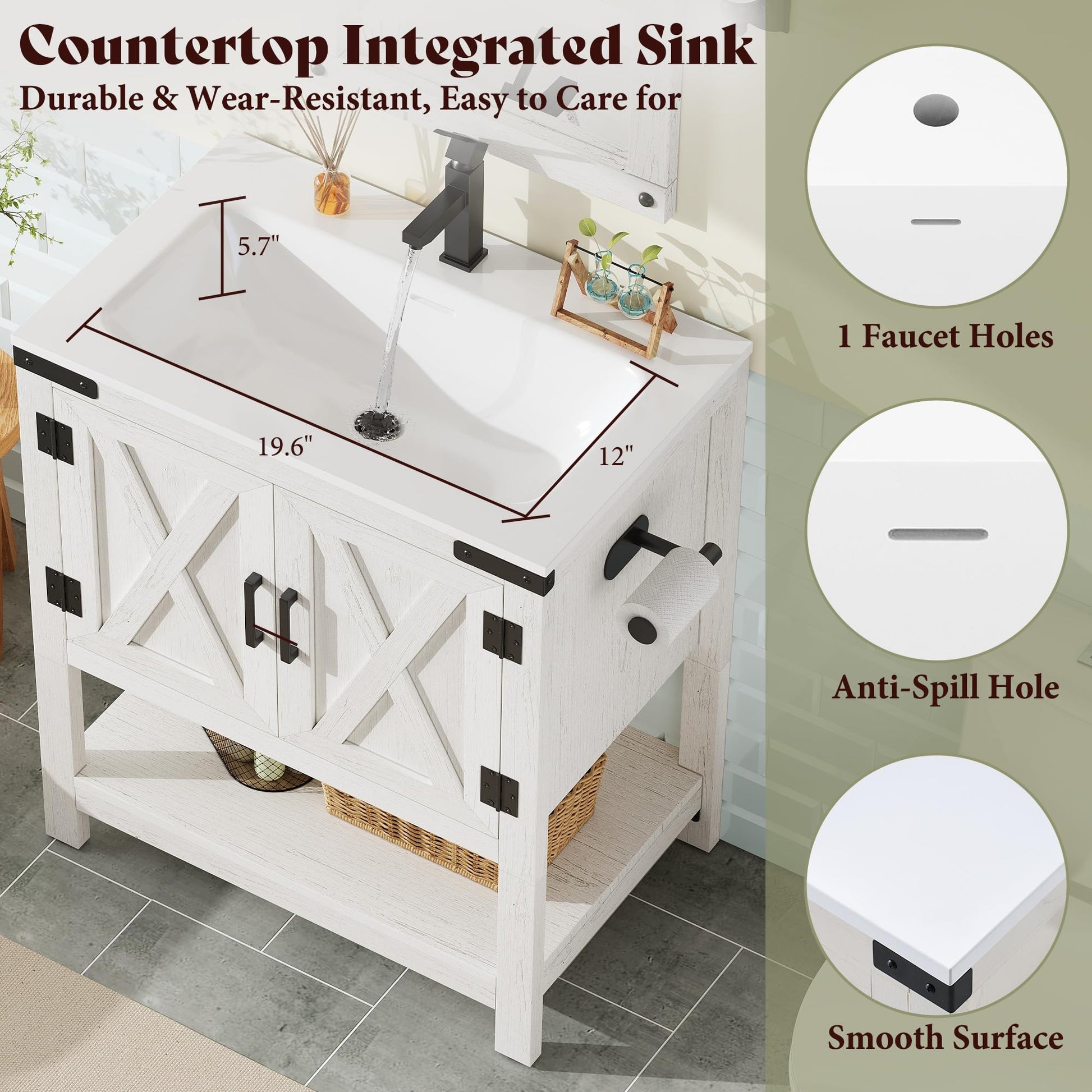 Farmhouse Vanity with Integrated Sink Amerlife  Antique White 24“