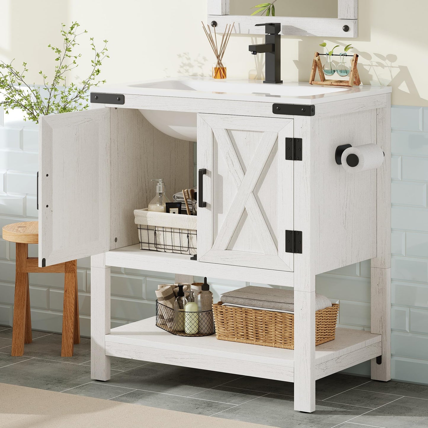 Farmhouse Vanity with Integrated Sink Amerlife  Antique White 24“