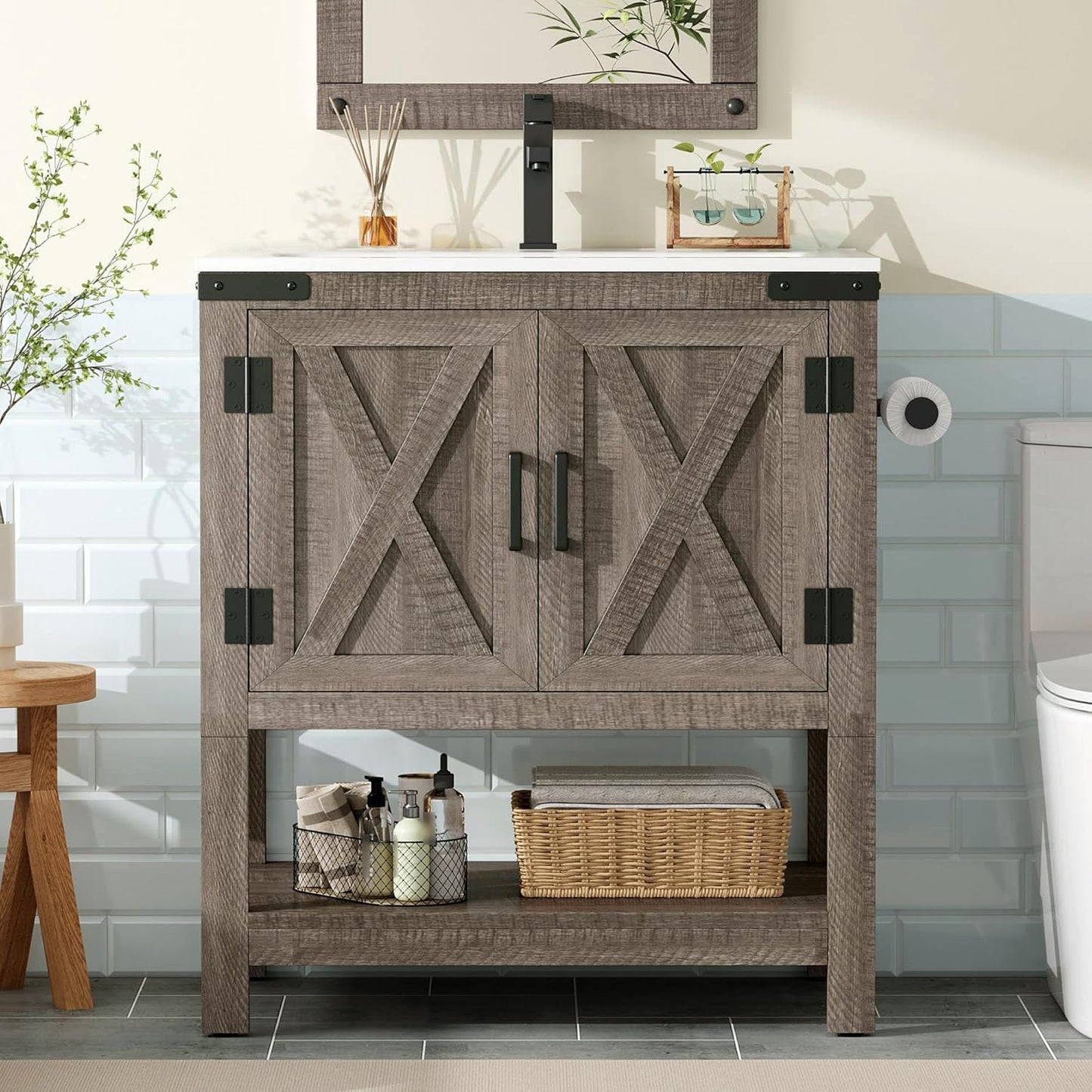 Farmhouse Vanity with Integrated Sink Amerlife  Light Grey 24“