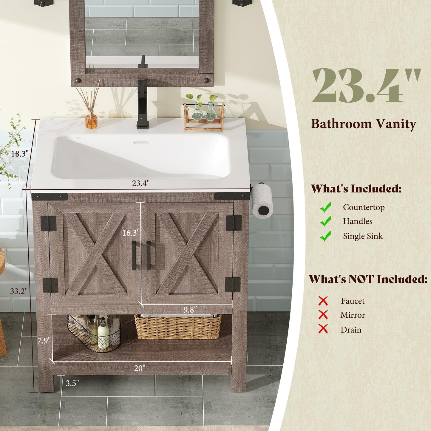 Farmhouse Vanity with Integrated Sink Amerlife  Light Grey 24“