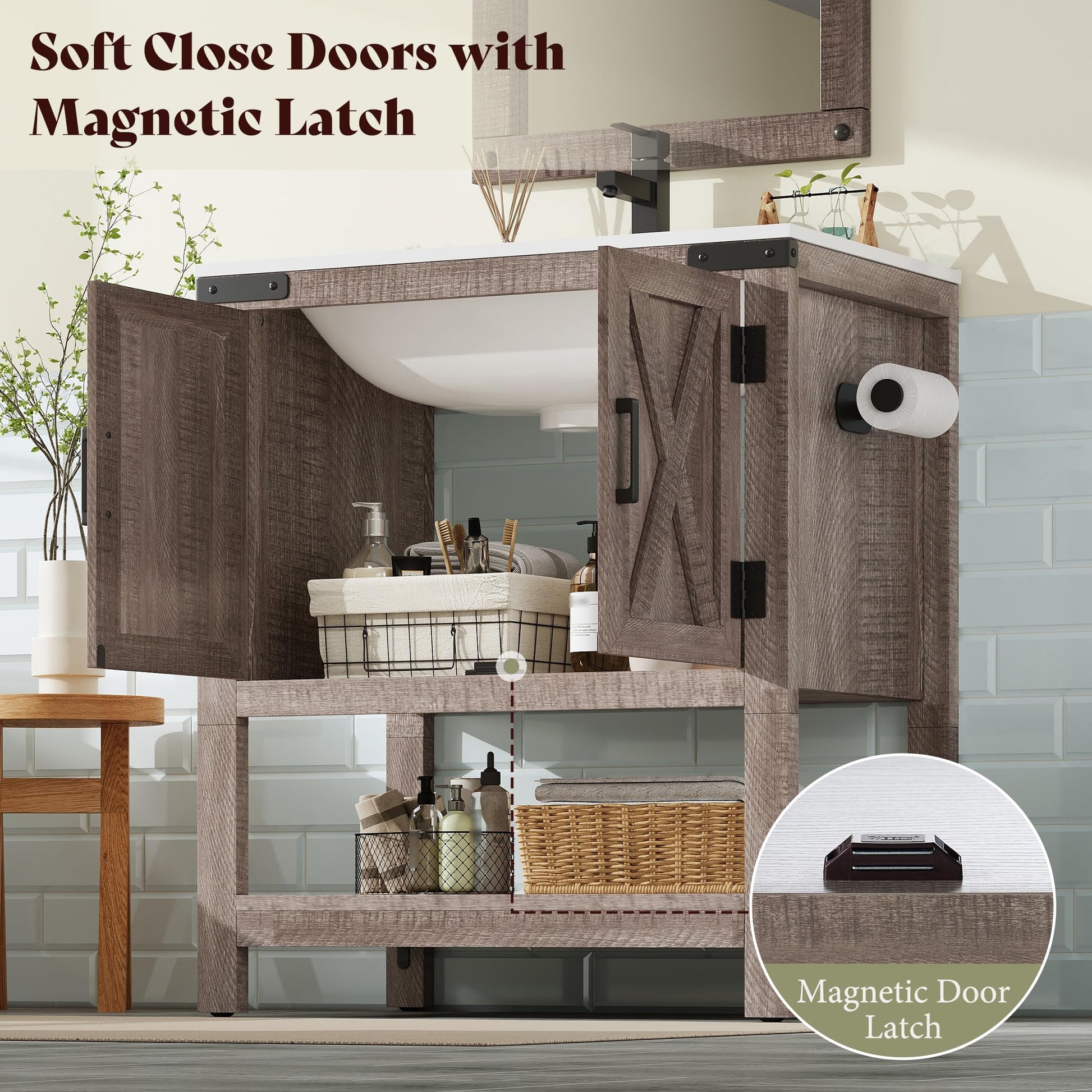Farmhouse Vanity with Integrated Sink Amerlife  Light Grey 24“