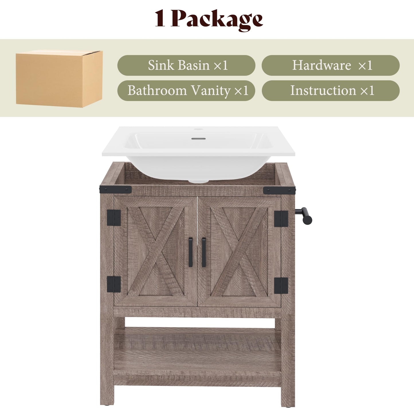 Farmhouse Vanity with Integrated Sink Amerlife  Light Grey 24“
