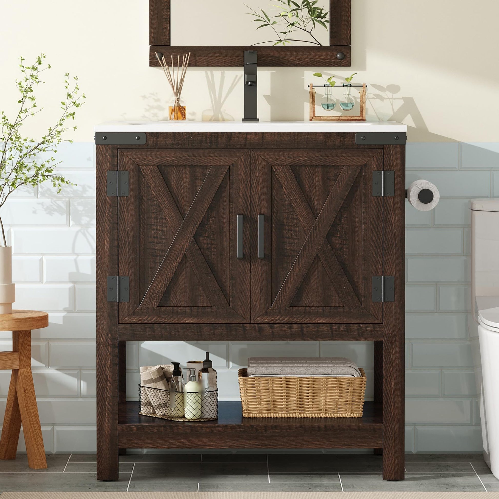 Farmhouse Vanity with Integrated Sink Amerlife Rustic Brown 24“