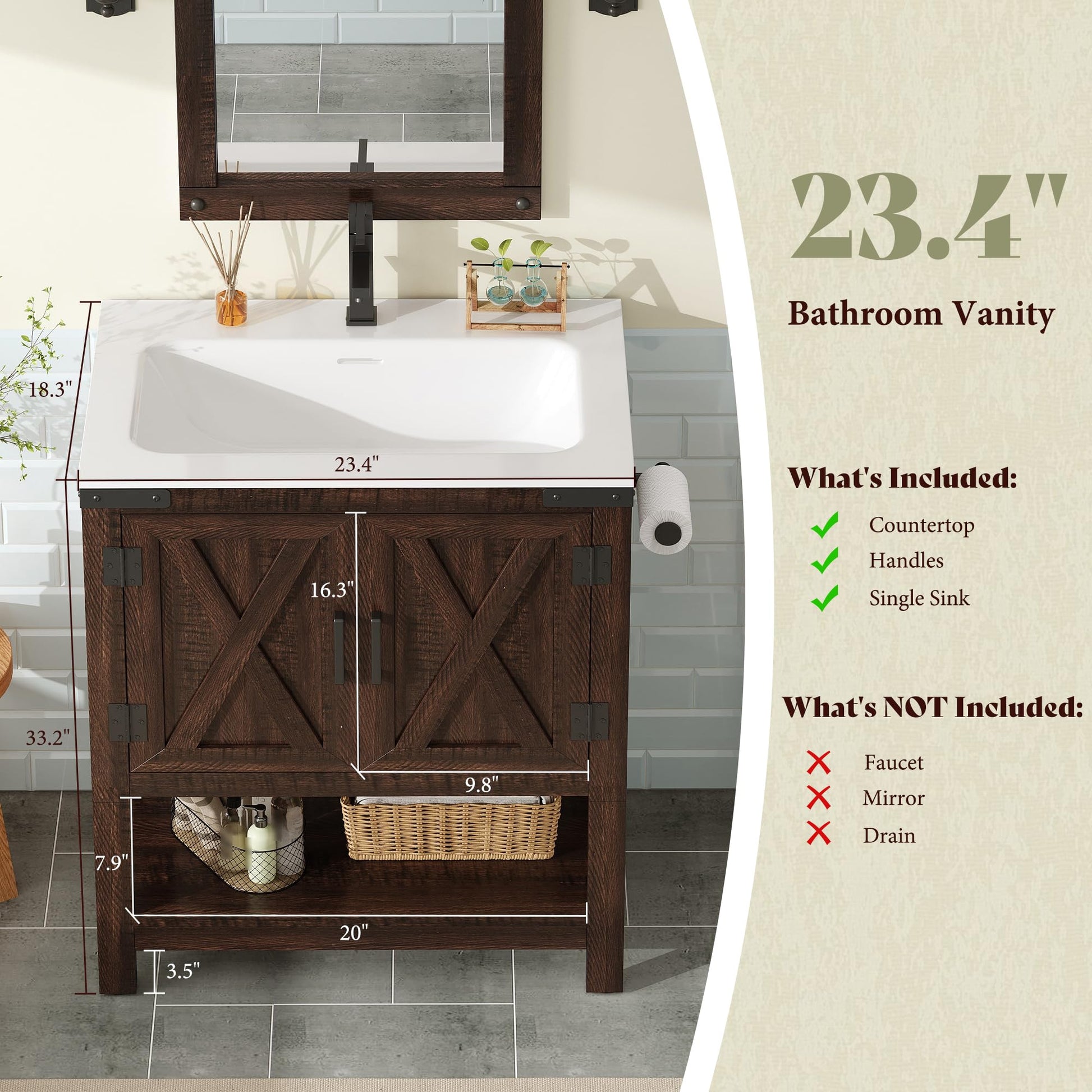 Farmhouse Vanity with Integrated Sink Amerlife Rustic Brown 24“