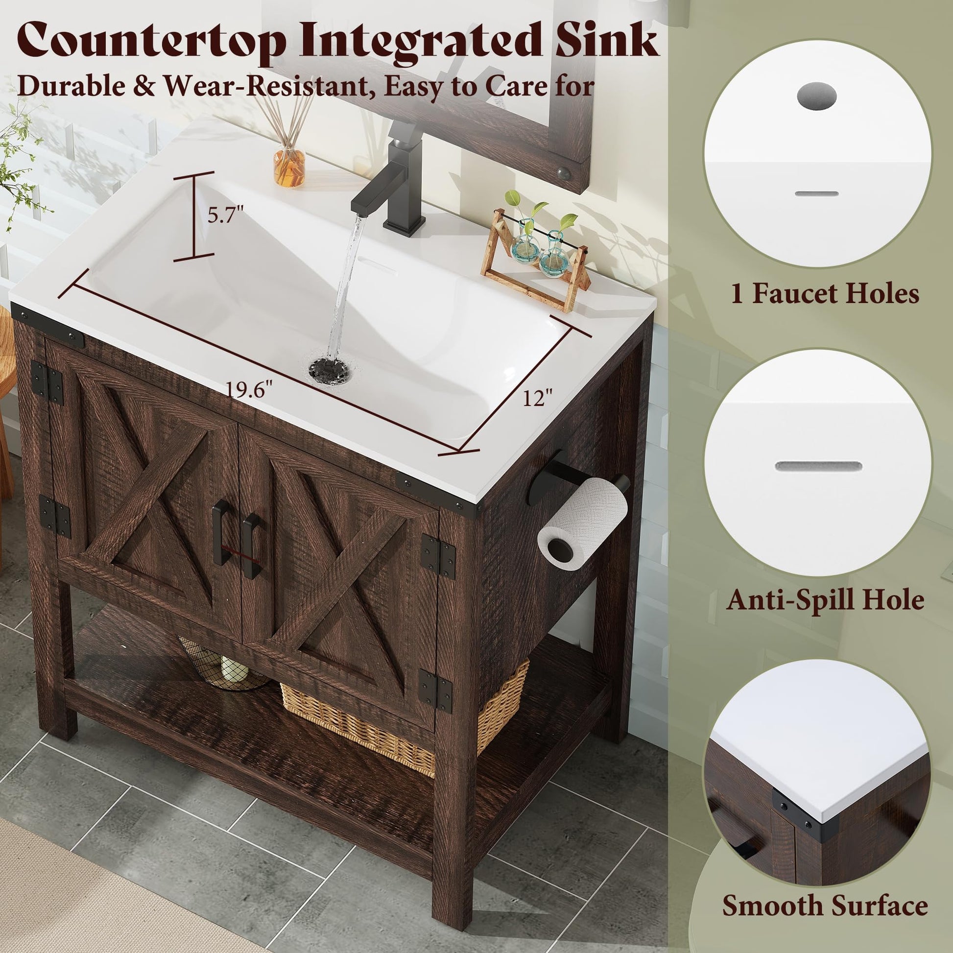 Farmhouse Vanity with Integrated Sink Amerlife Rustic Brown 24“