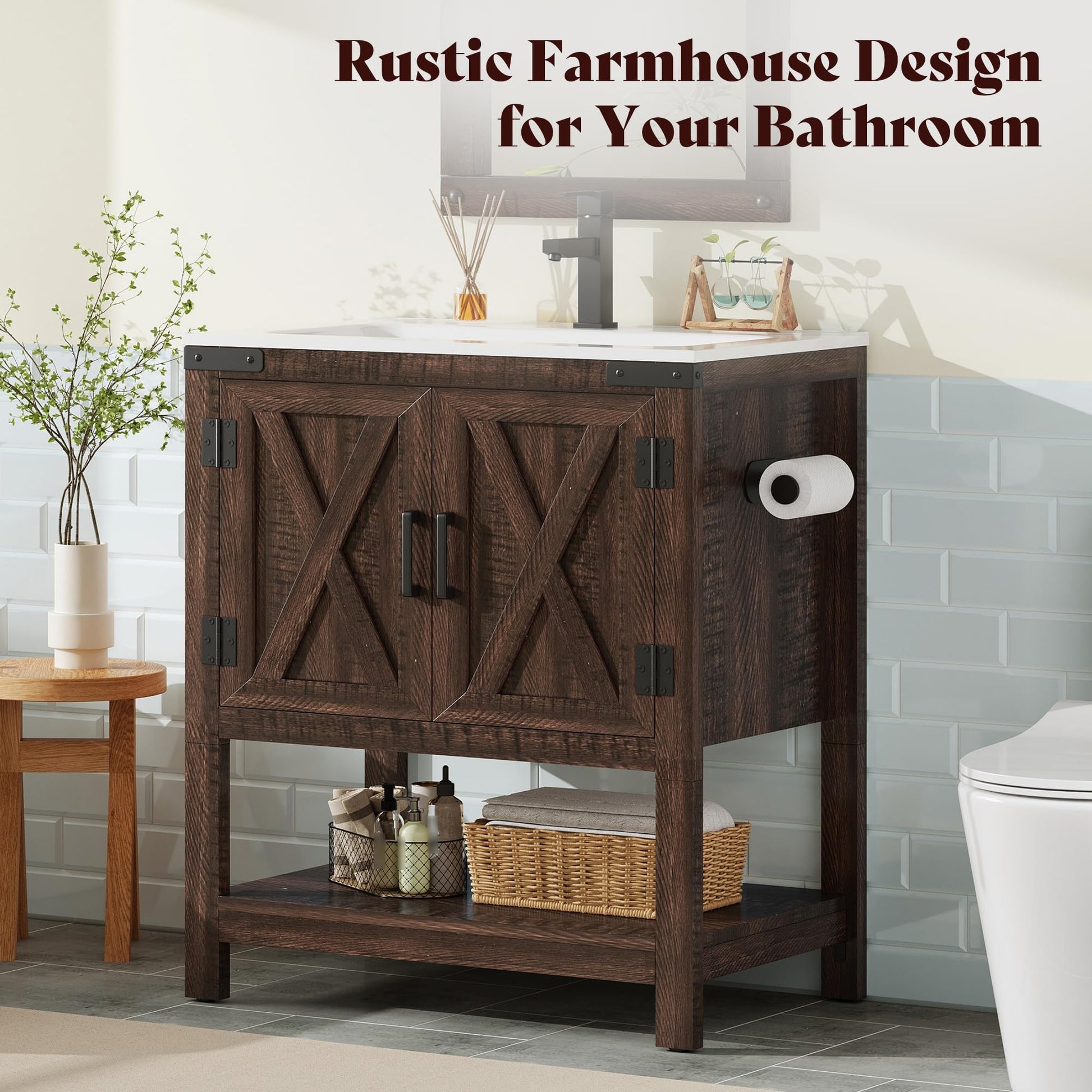 Farmhouse Vanity with Integrated Sink Amerlife Rustic Brown 24“