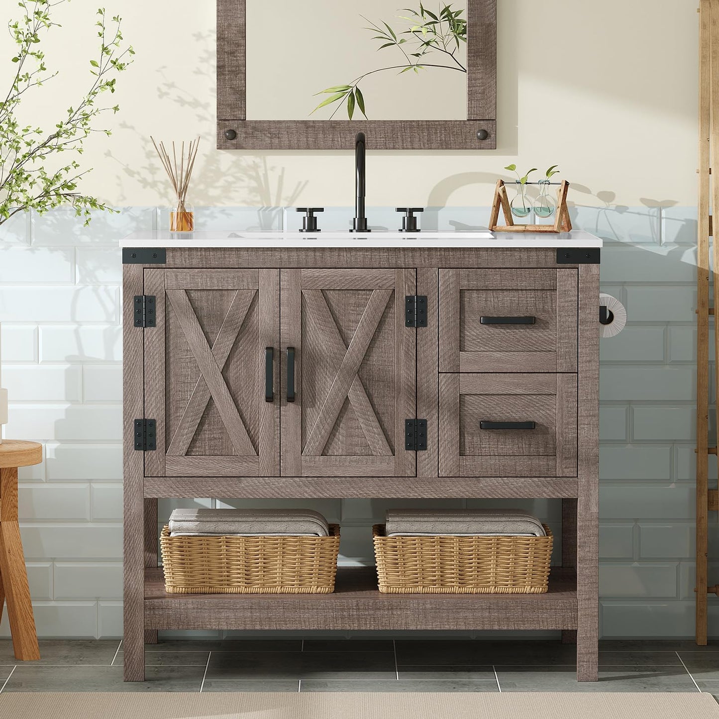 Farmhouse Vanity with Integrated Sink Amerlife Light Grey 36”