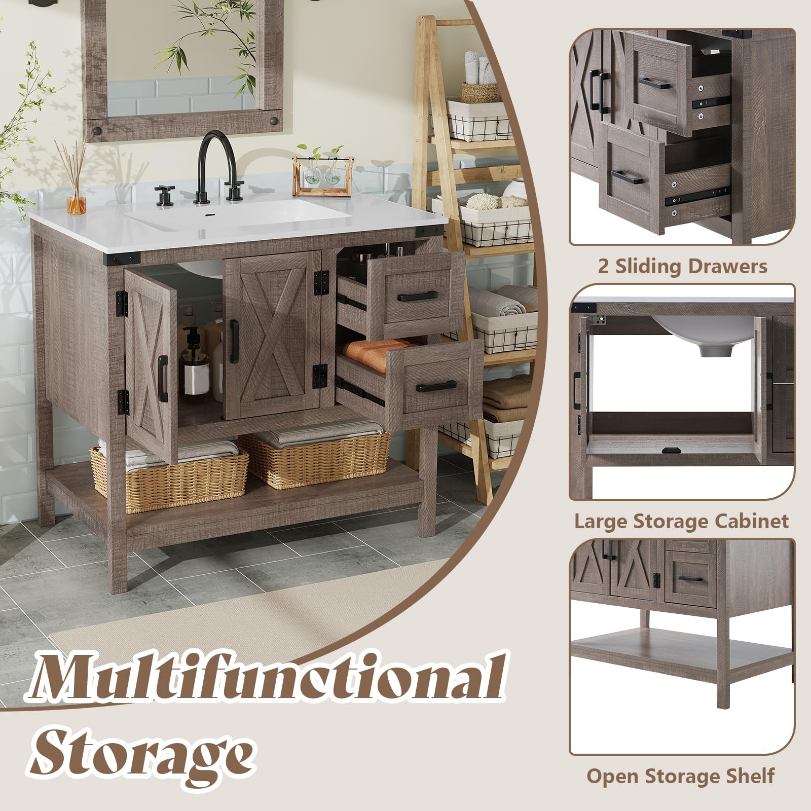 Farmhouse Vanity with Integrated Sink Amerlife Light Grey 36”