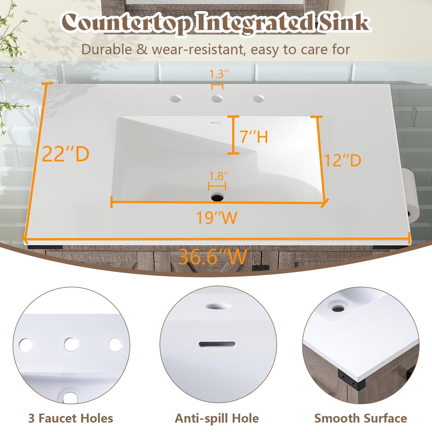 Farmhouse Vanity with Integrated Sink Amerlife Light Grey 36”