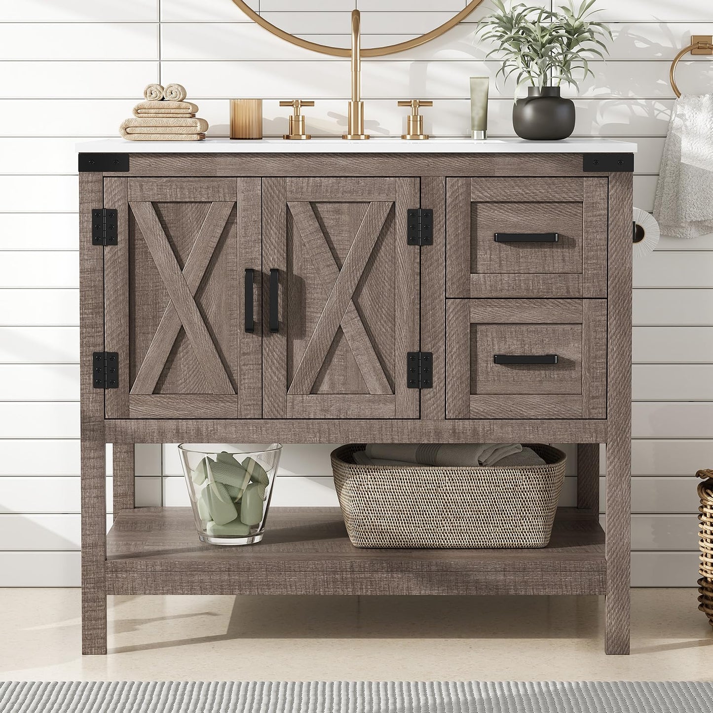 Farmhouse Vanity with Integrated Sink Amerlife Light Grey 36”