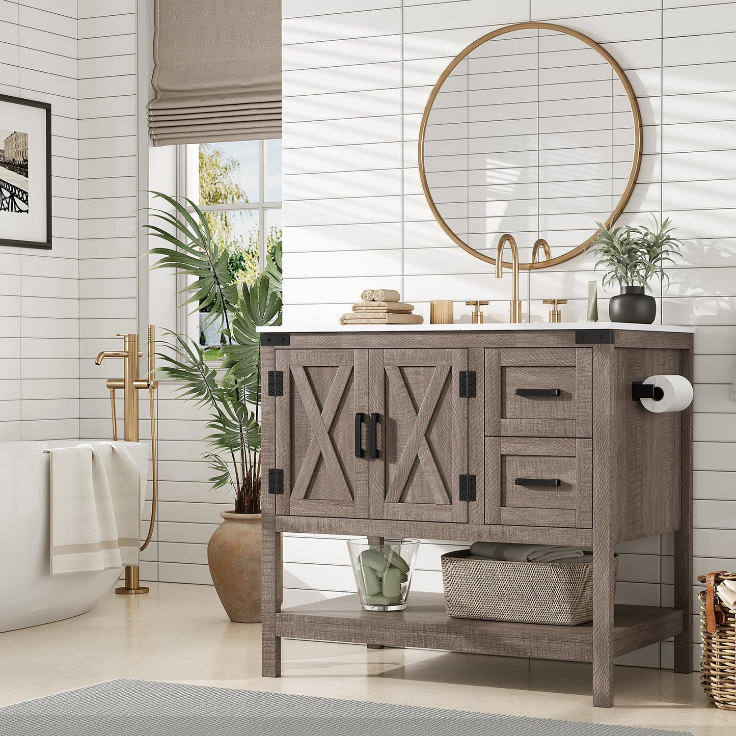 Farmhouse Vanity with Integrated Sink Amerlife Light Grey 36”
