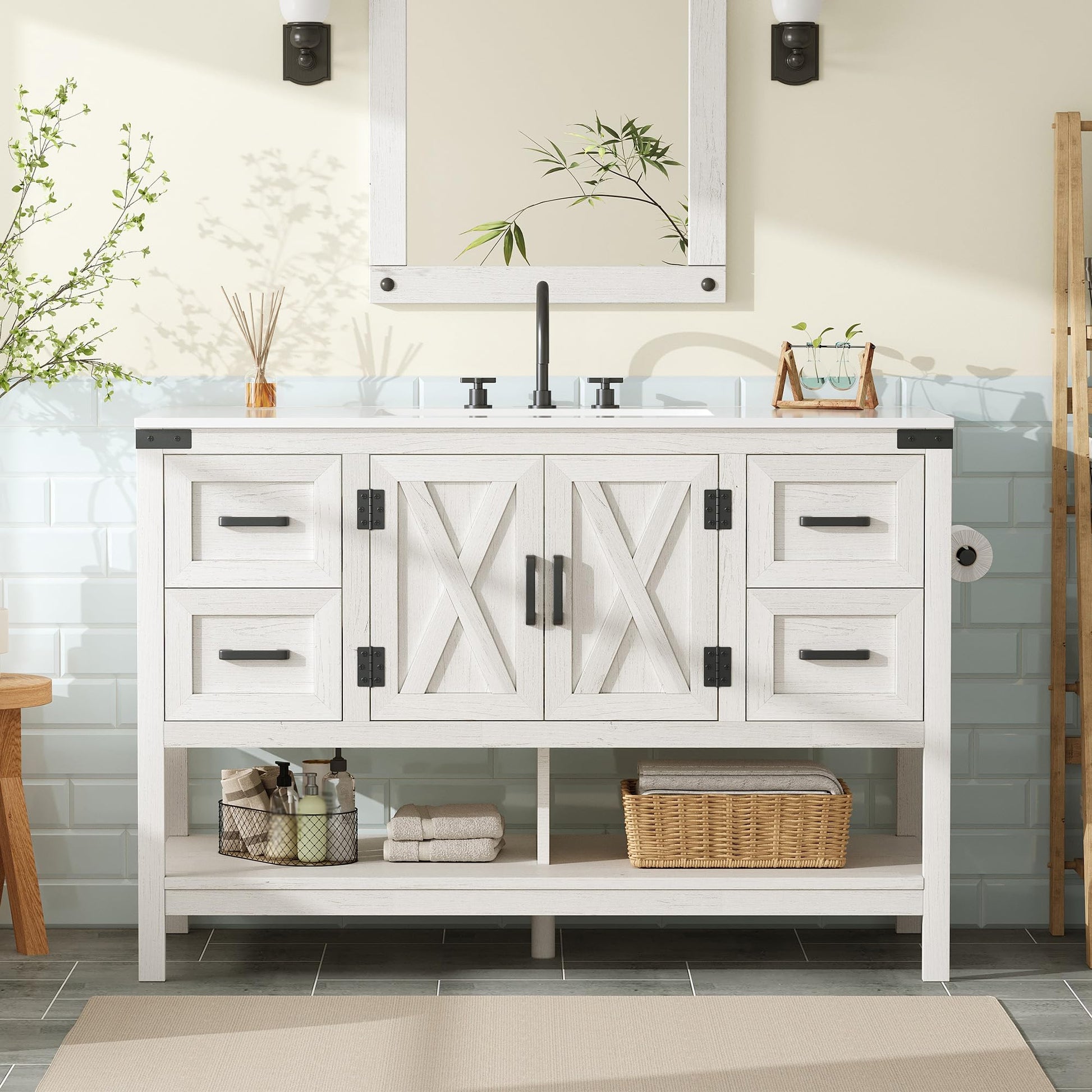 Farmhouse Vanity with Integrated Sink Amerlife Antique White 48“
