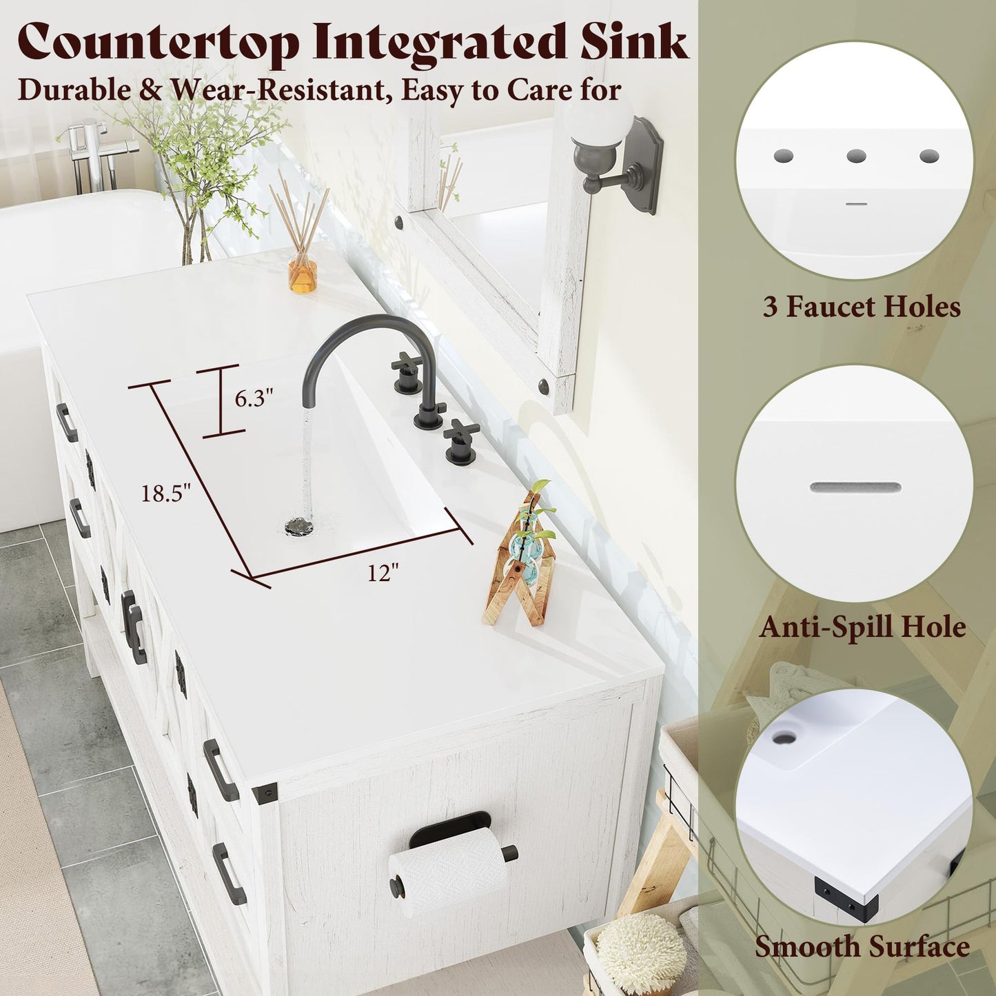 Farmhouse Vanity with Integrated Sink Amerlife Antique White 48“