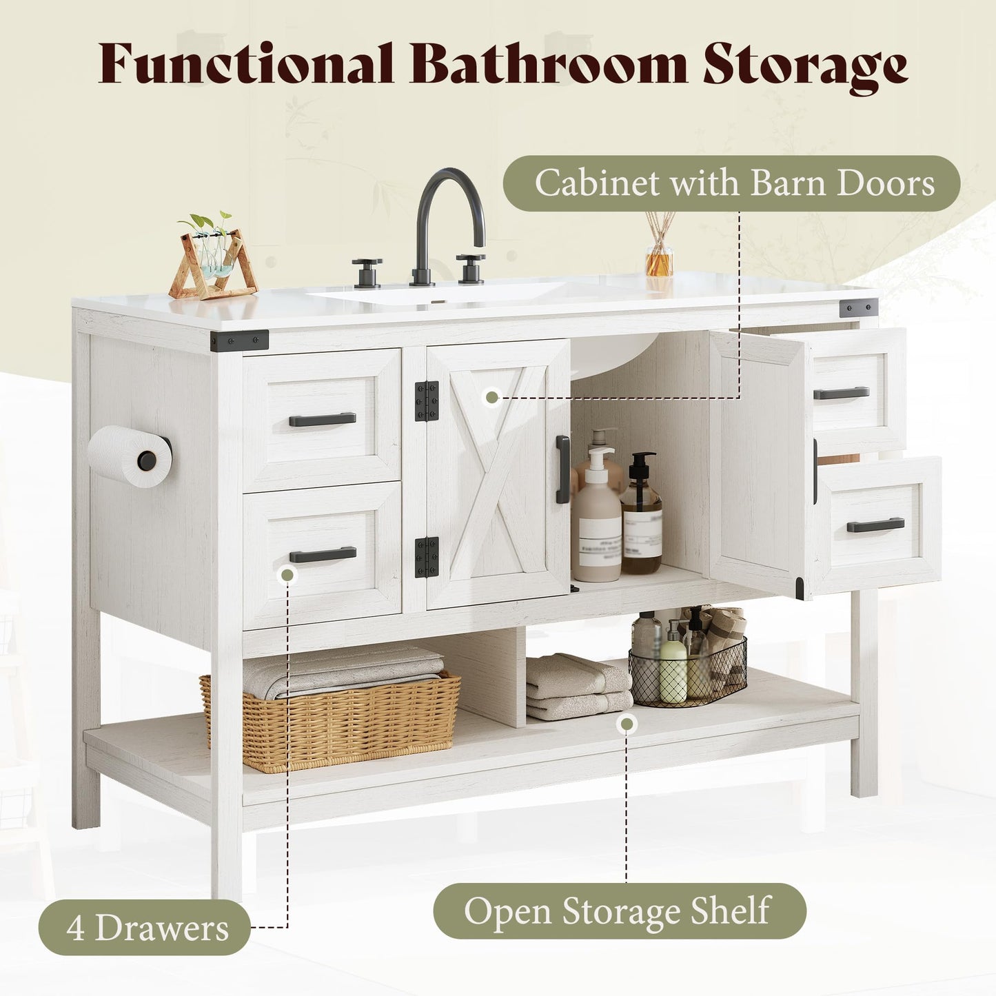 Farmhouse Vanity with Integrated Sink Amerlife Antique White 48“