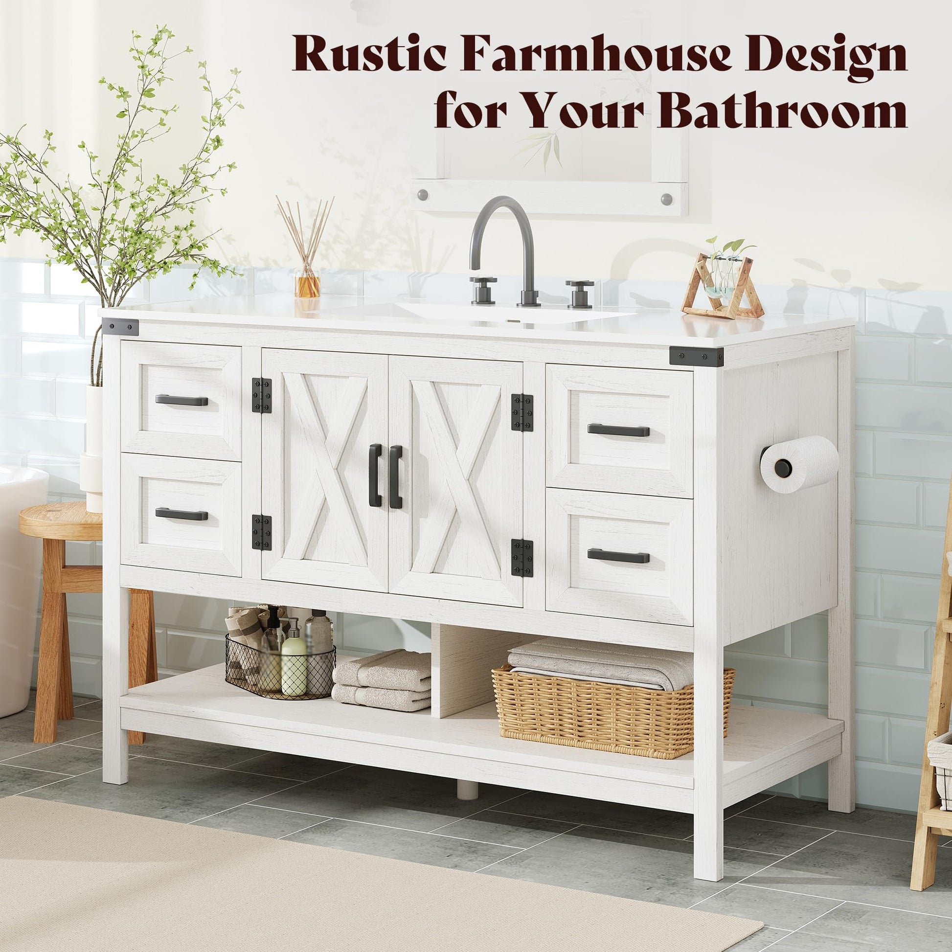 Farmhouse Vanity with Integrated Sink Amerlife Antique White 48“
