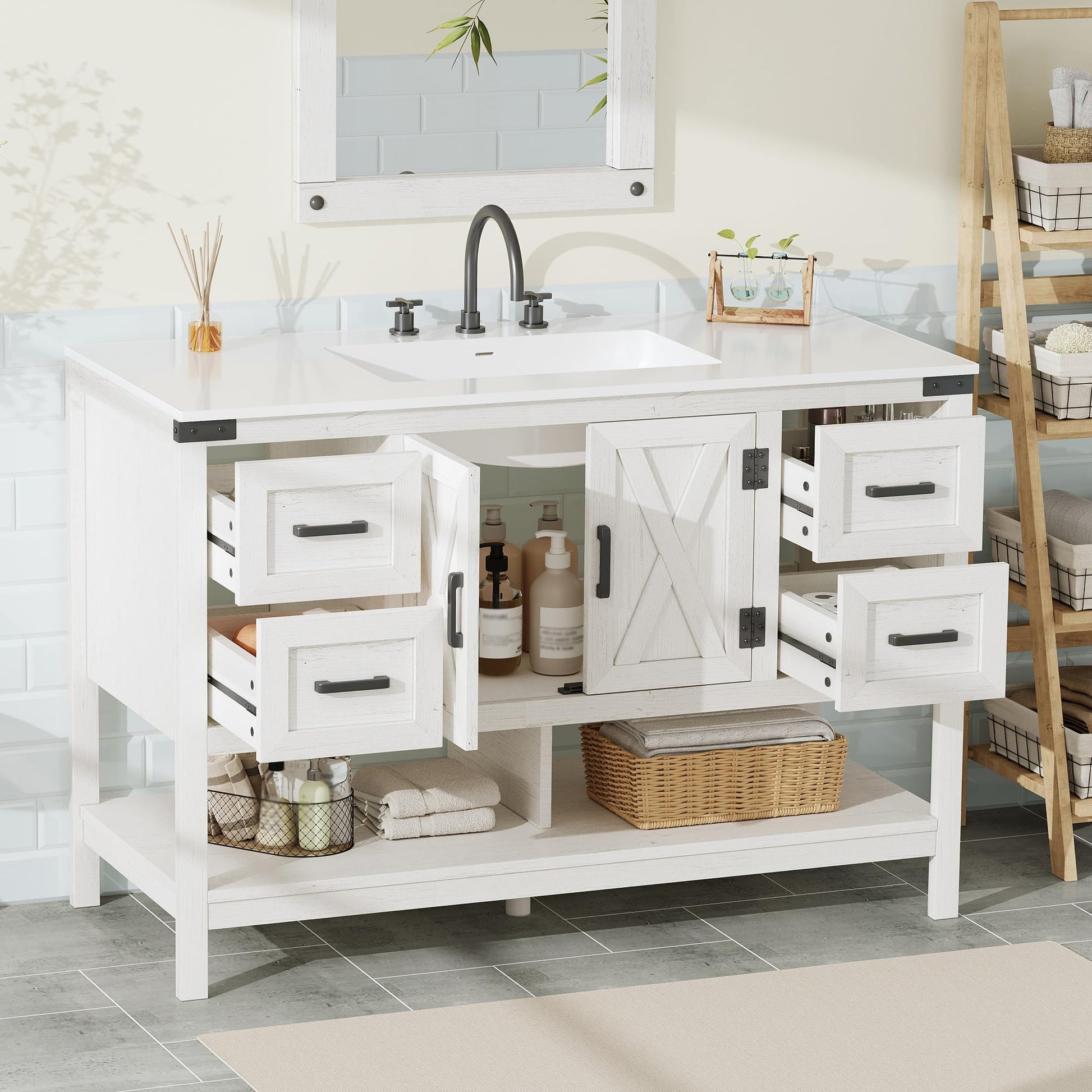 Farmhouse Vanity with Integrated Sink Amerlife Antique White 48“