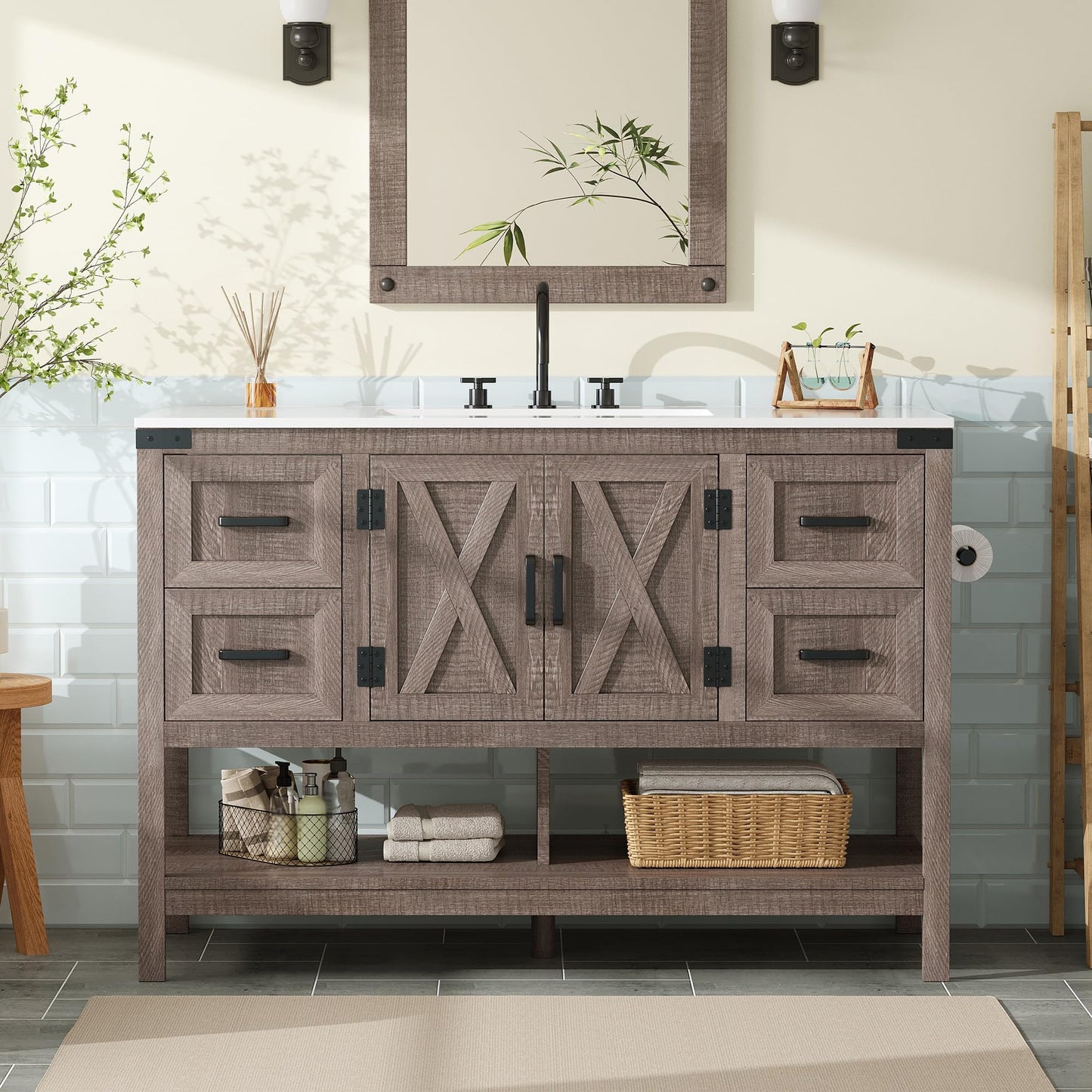 Farmhouse Vanity with Integrated Sink Amerlife Light Grey 48“