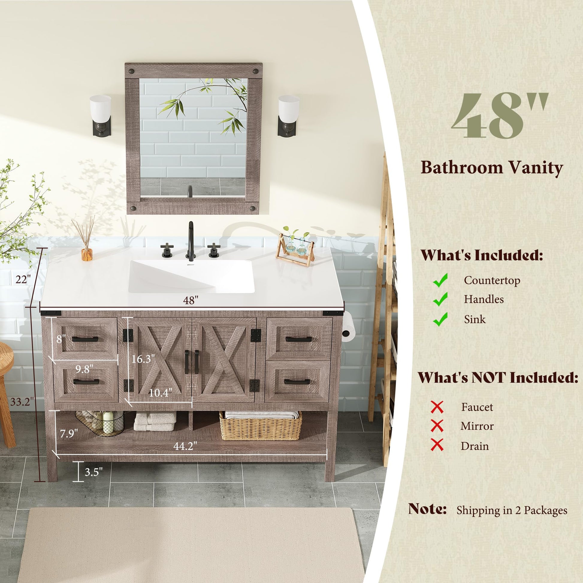 Farmhouse Vanity with Integrated Sink Amerlife Light Grey 48“