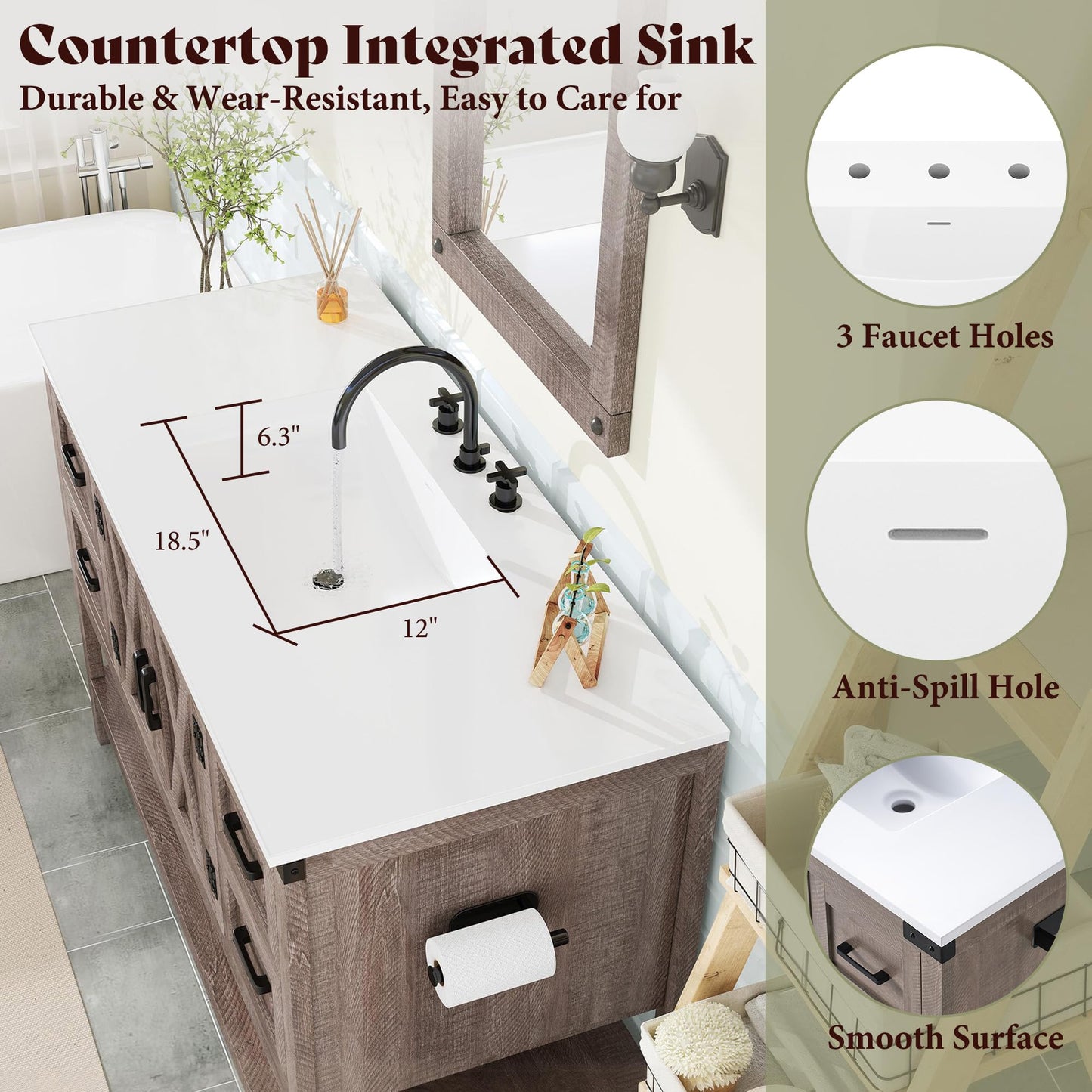 Farmhouse Vanity with Integrated Sink Amerlife Light Grey 48“