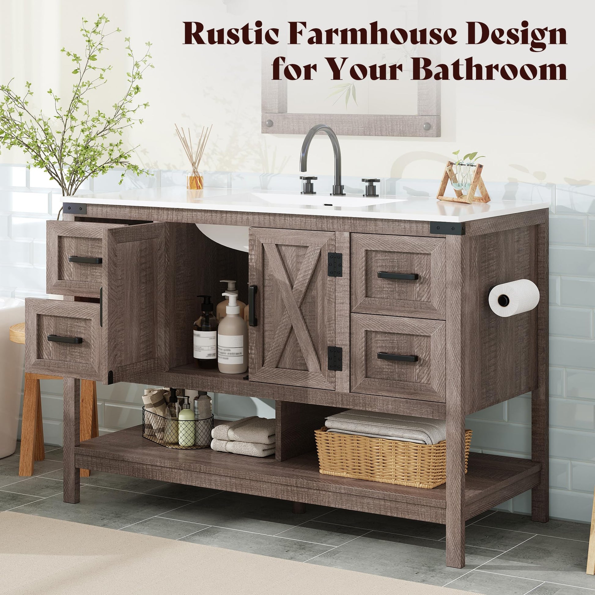 Farmhouse Vanity with Integrated Sink Amerlife Light Grey 48“