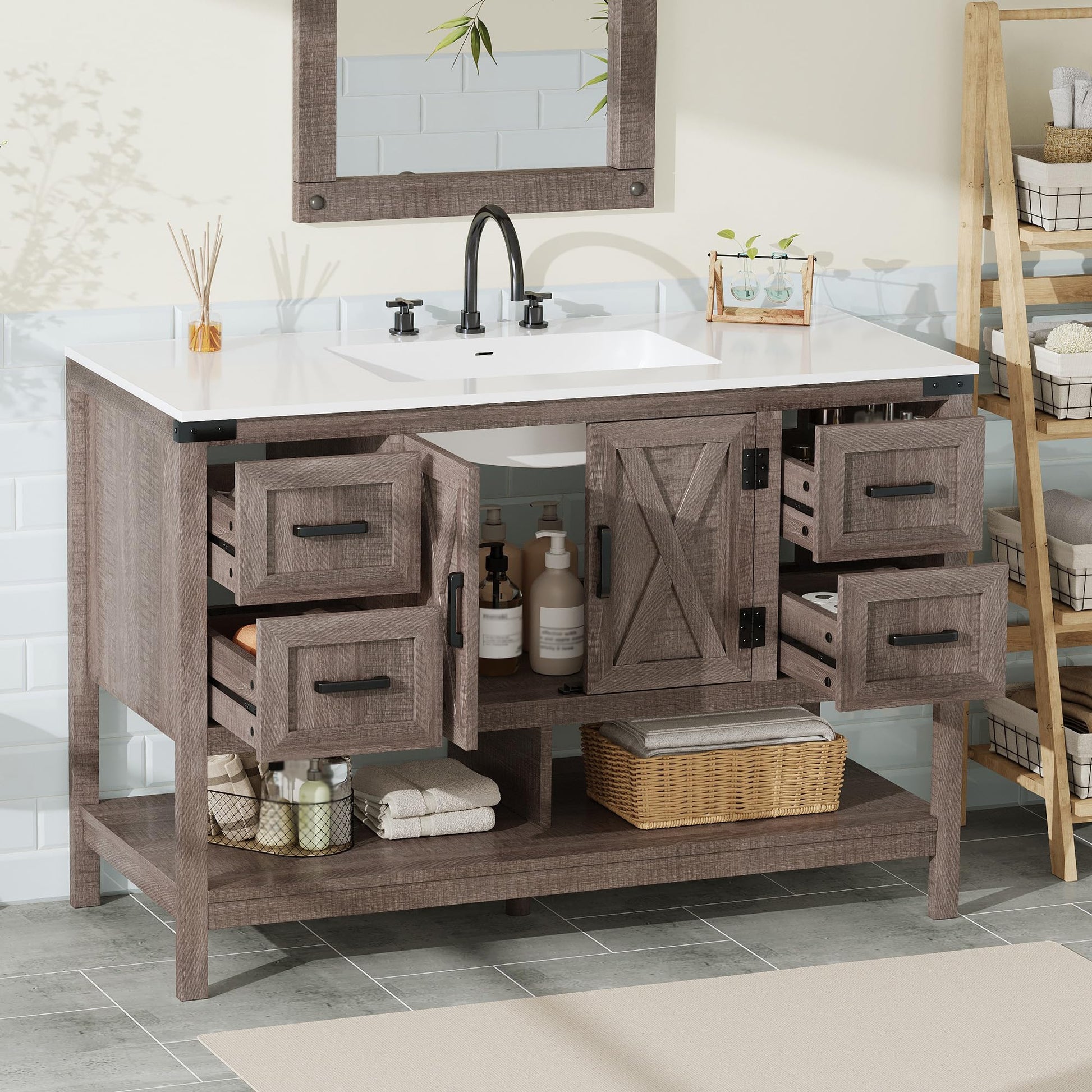 Farmhouse Vanity with Integrated Sink Amerlife Light Grey 48“