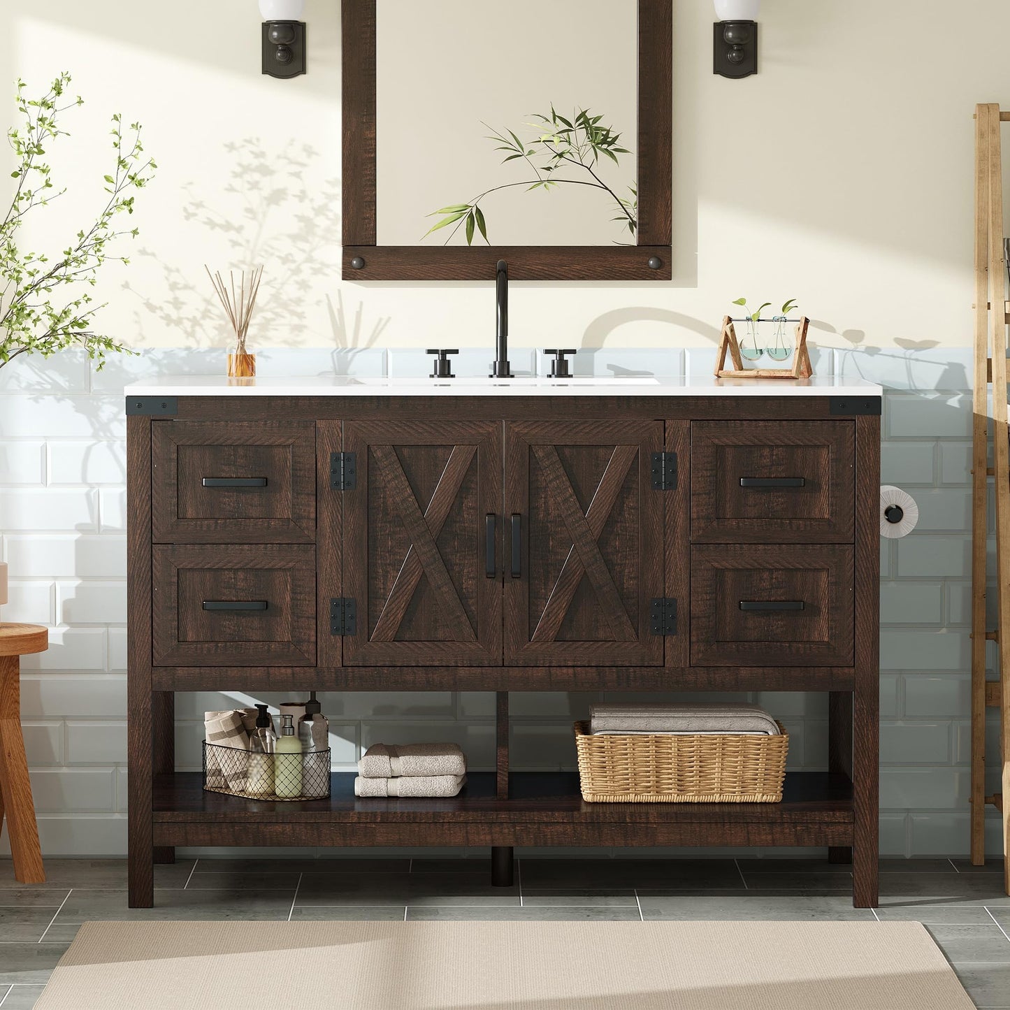 Farmhouse Vanity with Integrated Sink Amerlife Rustic Brown 48“
